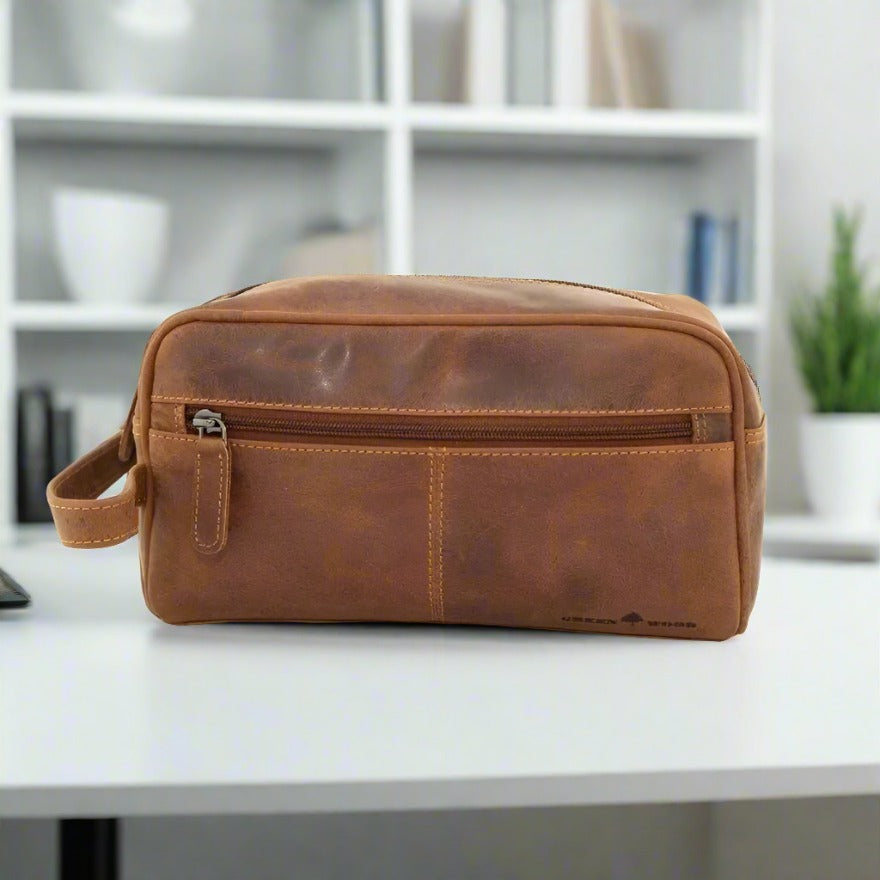 Premium Greenwood Leather Geelong Toiletry Bag for Men & Women - Waterproof Travel Cosmetic Organizer for Gym, Vacation & Business Trips