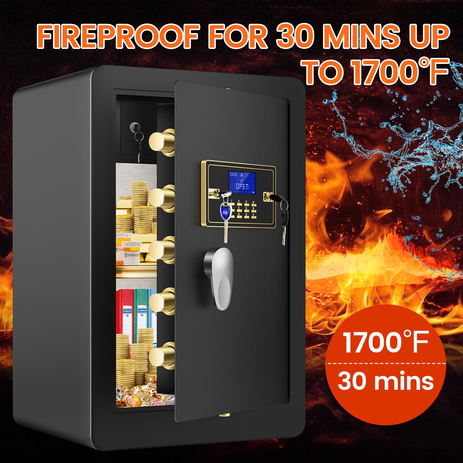 5.3 CuFt Fireproof Waterproof Digital Safe Box - Heavy Duty Home Security Safe with Programmable Keypad, Inner Lock Box & Fireproof Bag - Secure Documents, Firearms, Medicine & Valuables - Ideal for Home, Office & Business Use