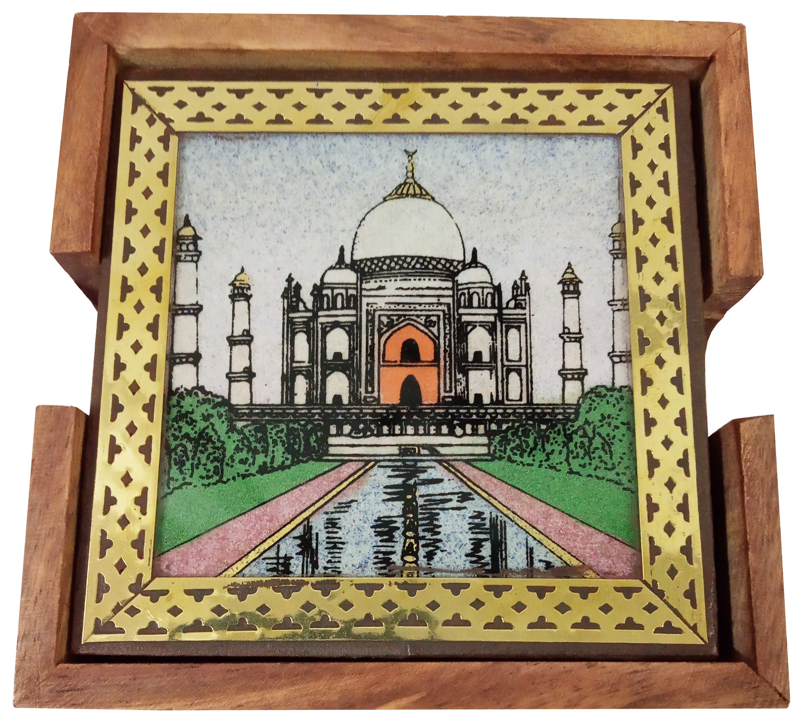 Purpledip Pinewood Gemstone Coasters Set of 6 - Handcrafted Taj Mahal Design - Natural Stone Drink Coasters for Home Decor, Coffee Table, and Party Use