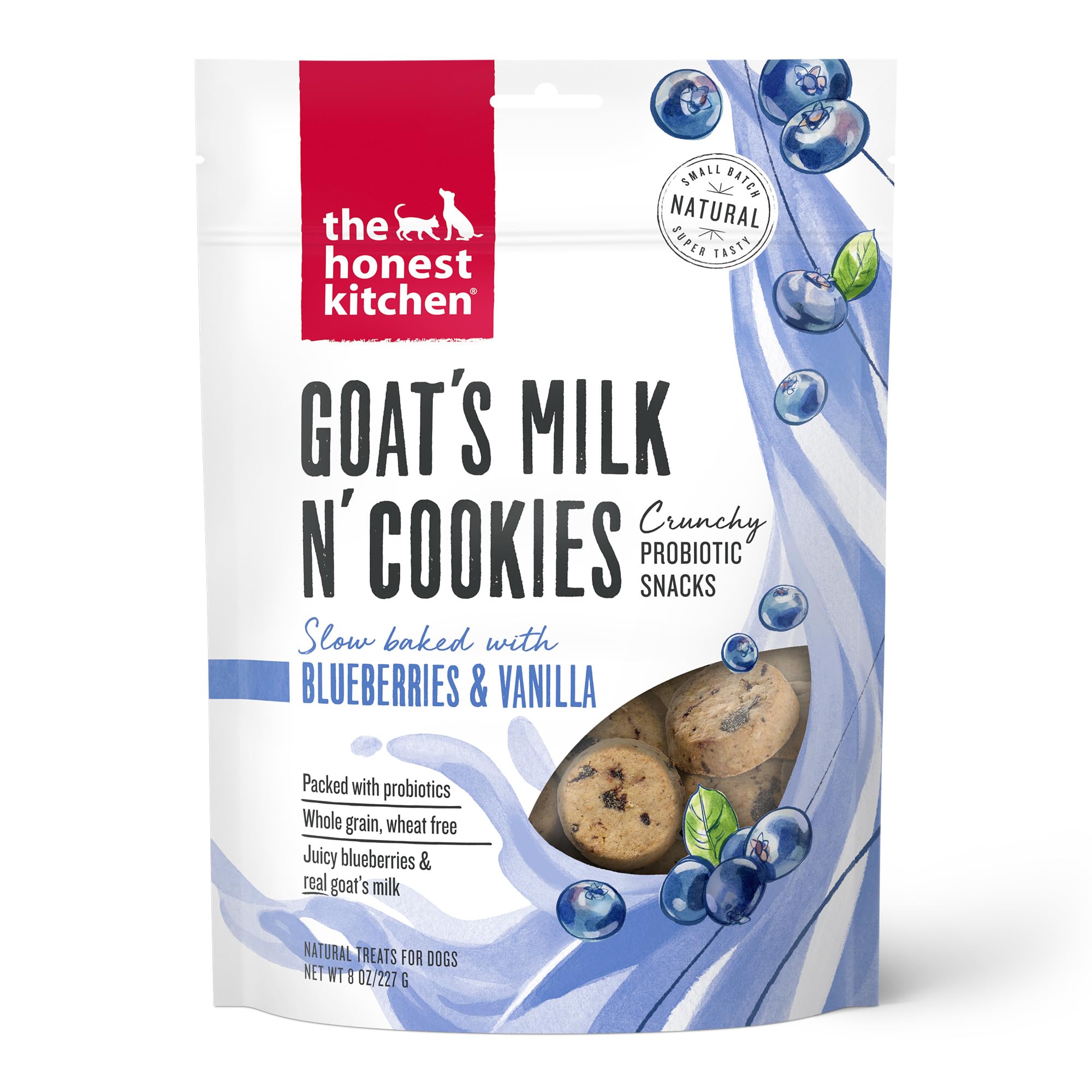 The Honest Kitchen Goat's Milk N' Cookies Dog Treats - Grain Free, Slow Baked with Blueberries & Vanilla, 8 oz Bag - Healthy Snacks for Small & Large Dogs, Training Rewards & Occasional Treats
