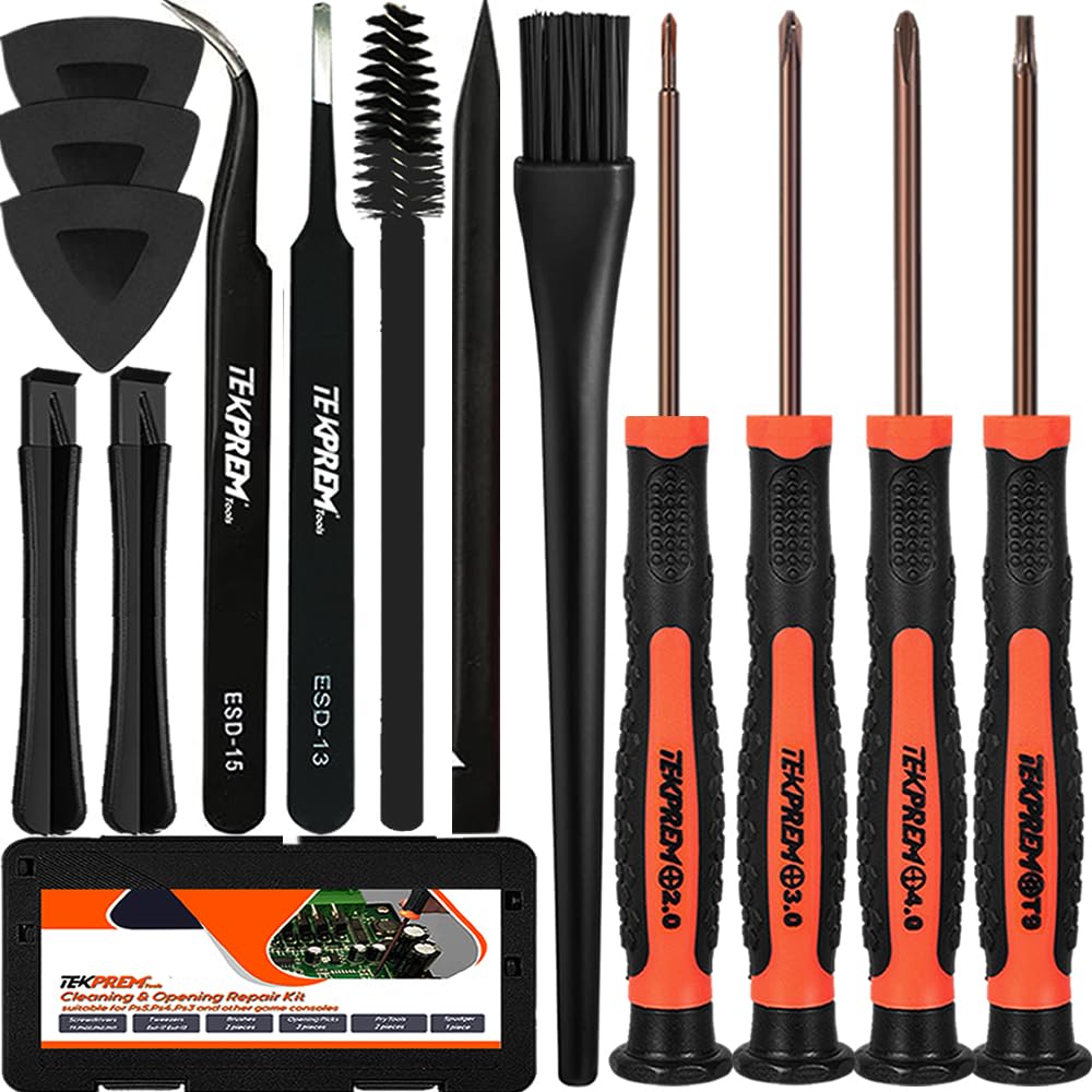 TEKPREM 14-in-1 Screwdriver Set for PS5 PS4 PS3 - T9 Torx & PH00/PH0/PH1 Phillips Screwdrivers with Cleaning Brushes and Tweezers - Professional Repair Kit for Sony Playstation 5/4/3 Consoles & Controllers - Perfect for Game Console Maintenance and DIY Repairs