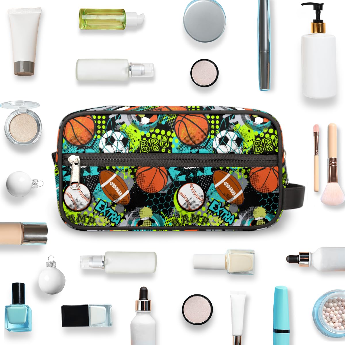 Basketball & Baseball Themed Waterproof Hanging Toiletry Bag for Men & Boys - Large Capacity Travel Dopp Kit for Shaving, Sports & Shower - Perfect for Gym, Camping & Vacation Essentials