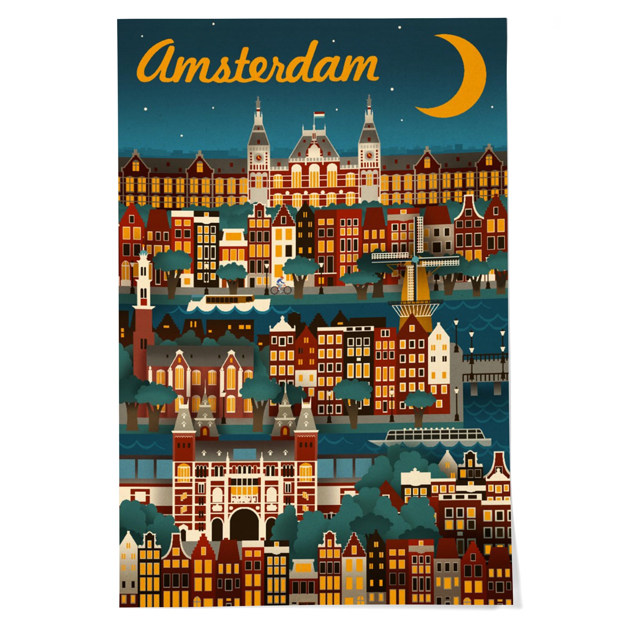 Lantern Press 24x36 Inch Giclee Art Print - Amsterdam Retro Skyline Wall Decor | Vintage Cityscape Poster for Living Room, Bedroom & Office