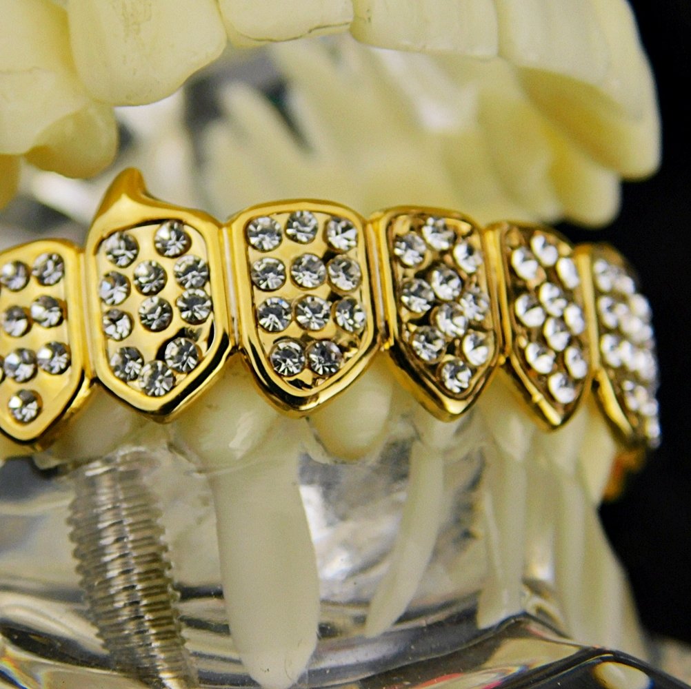 14K Gold Plated Fang Grillz - 8 Bottom Teeth Vampire Grills for Hip Hop & Halloween Costume | Perfect for Rappers, Parties & Unique Style