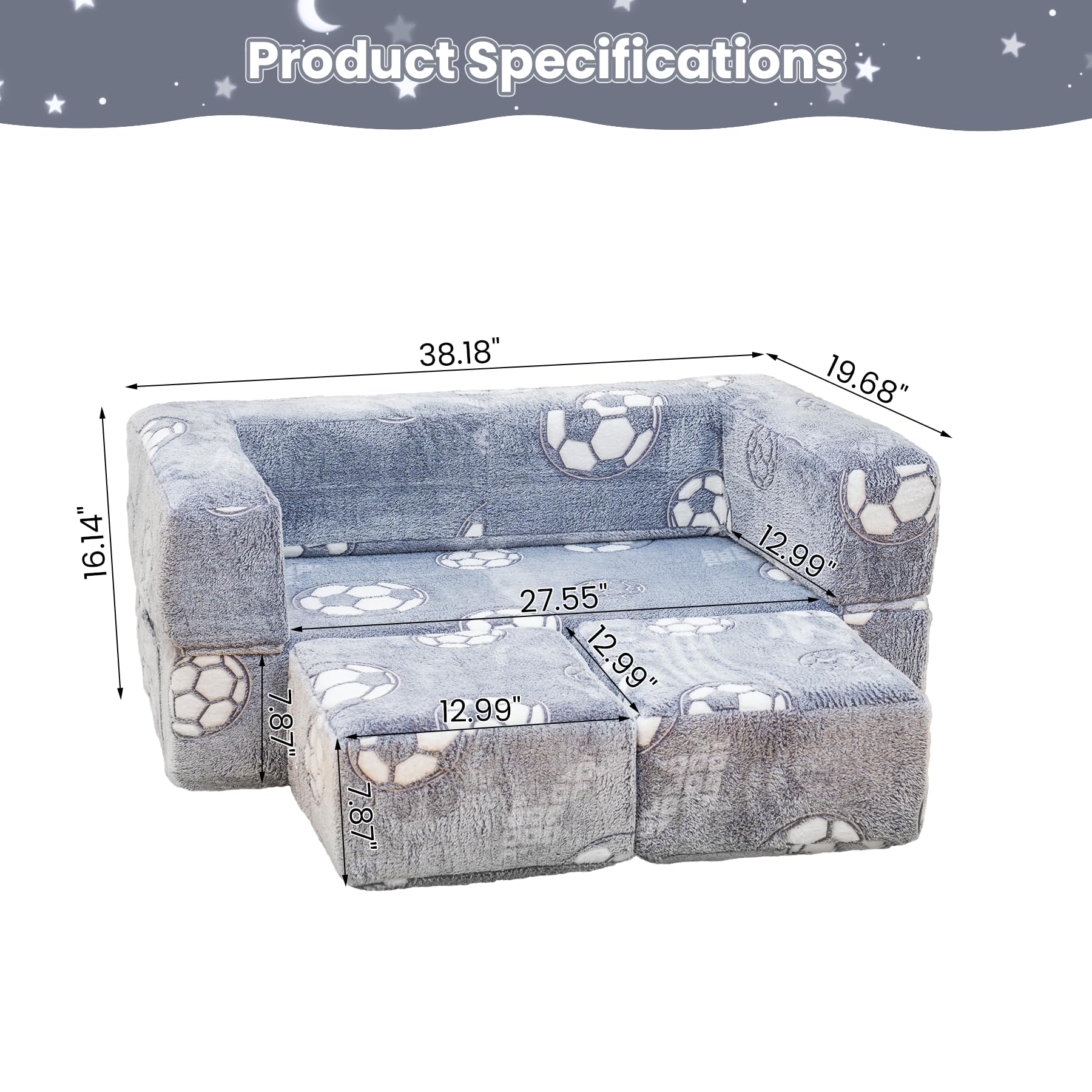 Glow in The Dark Toddler Play Couch - Convertible Fold Out Kids Sofa with Foam Floor Cushion for Playroom & Bedroom (Grey+Football Design) - Perfect for Sleepovers, Movie Nights & Indoor Playtime