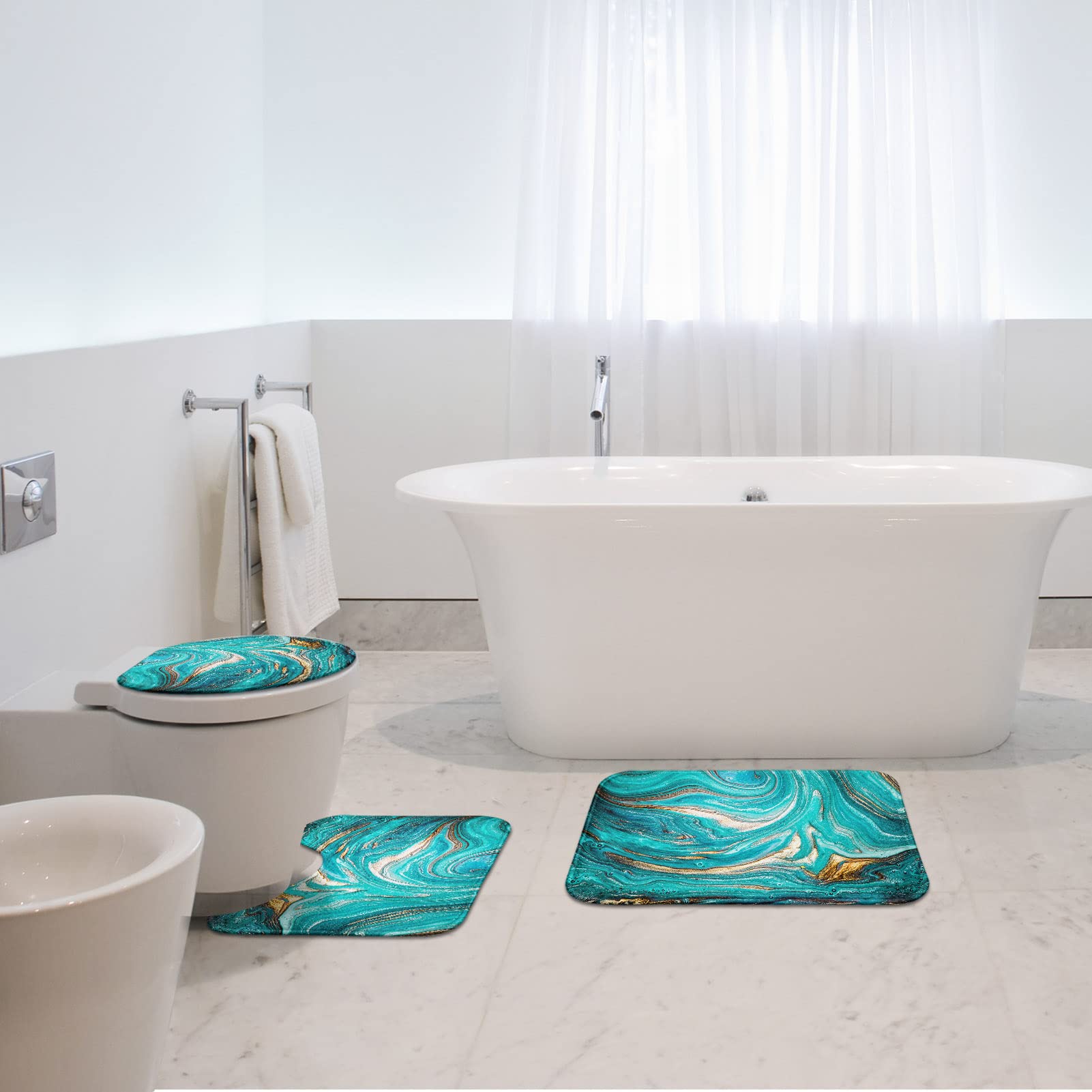 Britimes Turquoise Bathroom Rug Set of 3 - Non-Slip Washable Teal Bath Mats with Green Marble Ripple Design for Bathroom, Kitchen & Bedroom Floor Decor - Soft & Absorbent for Shower, Vanity & Entryway