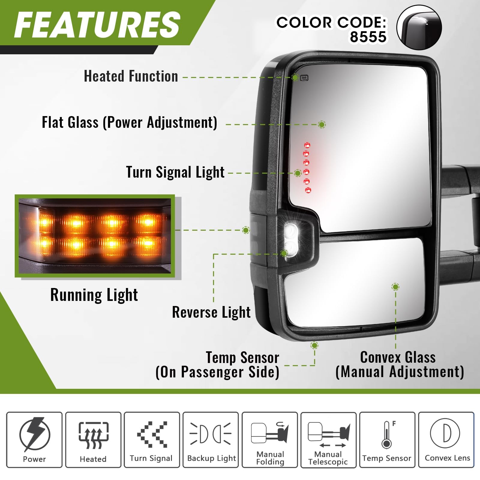 2014-2018 Chevy Silverado & GMC Sierra Towing Mirrors with Turn Signal, Running Lights & Power Heat - Painted Black - Perfect for Towing Trailers & Heavy Loads