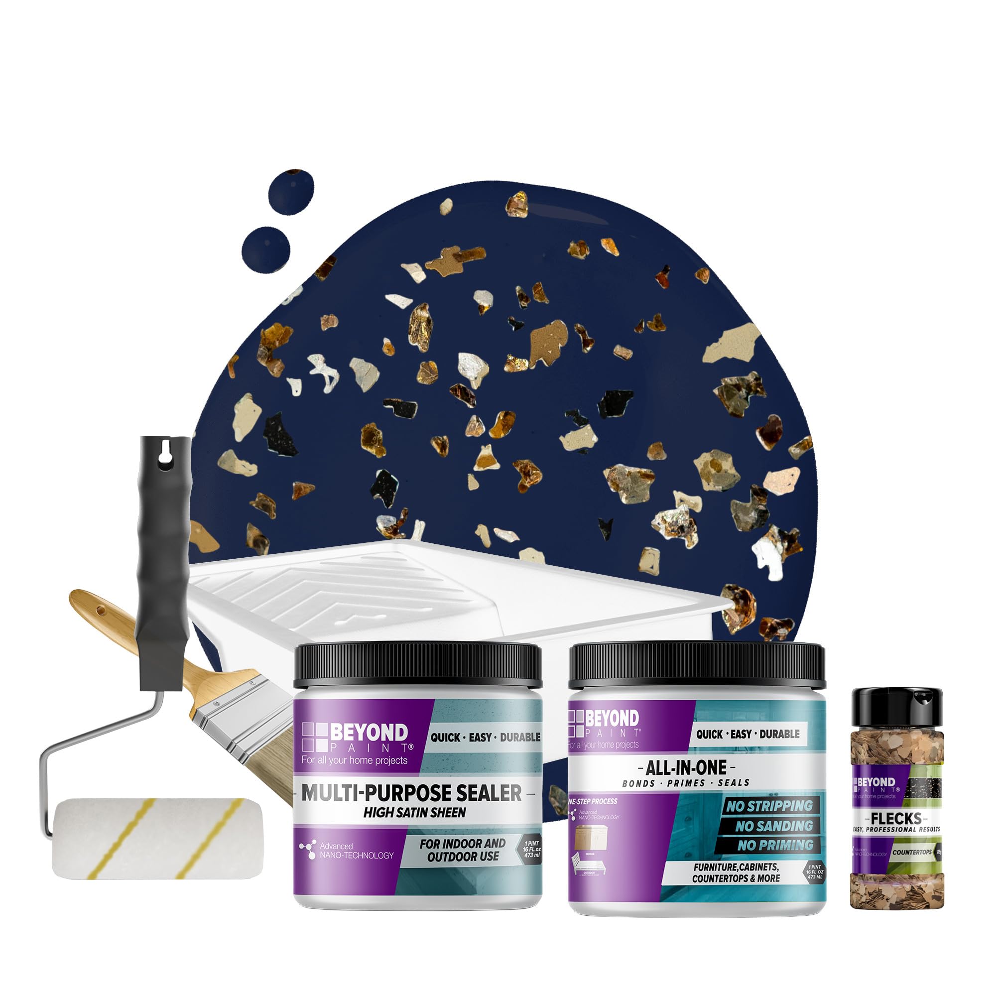 Beyond Paint Oxford Bronze Flecks Countertop Makeover Kit - Includes Paint, Sealer, Flecks & Tools - Navy Blue Countertop Refinishing Kit for Kitchen & Bathroom Renovation