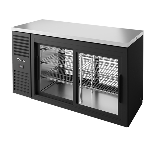 Commercial True 60 Back Bar Refrigerator with 2 Glass Doors & Black Countertop - Perfect for Bars, Restaurants, and Home Entertainment Spaces
