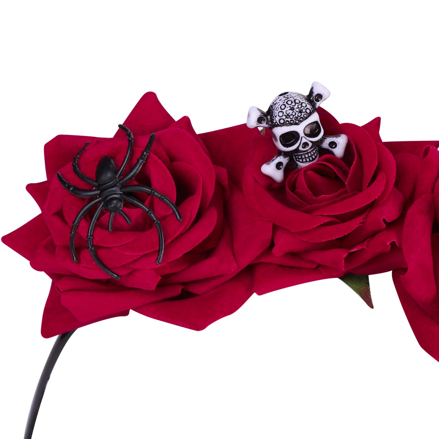 ITODA Red Flower Skull Headband - Gothic Halloween Spider Crown Tiara for Day of the Dead (Día de Muertos) Costume, Cosplay & Mardi Gras Festival | Perfect for Mexican Themed Parties, Gothic Weddings & Halloween Costume Contests