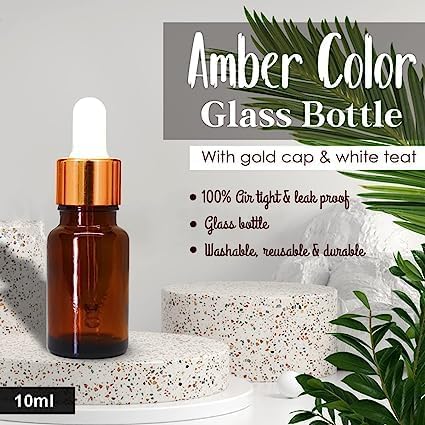 10ml Amber Glass Dropper Bottles with Gold Ring & White Silicone Teat - Refillable Essential Oil Bottles, Leak-Proof for Aromatherapy, DIY Skincare & Travel - Pack of 10