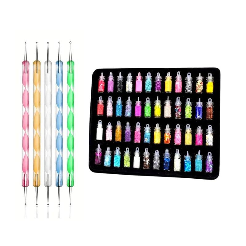 RoyalKart 48 Bottles 3D Nail Art Glitter Rhinestones Sequins Dust Powder Set with 5Pcs Double Sided Dotting Tools - Perfect for DIY Nail Designs, Manicures, Gifts for Women & Girls