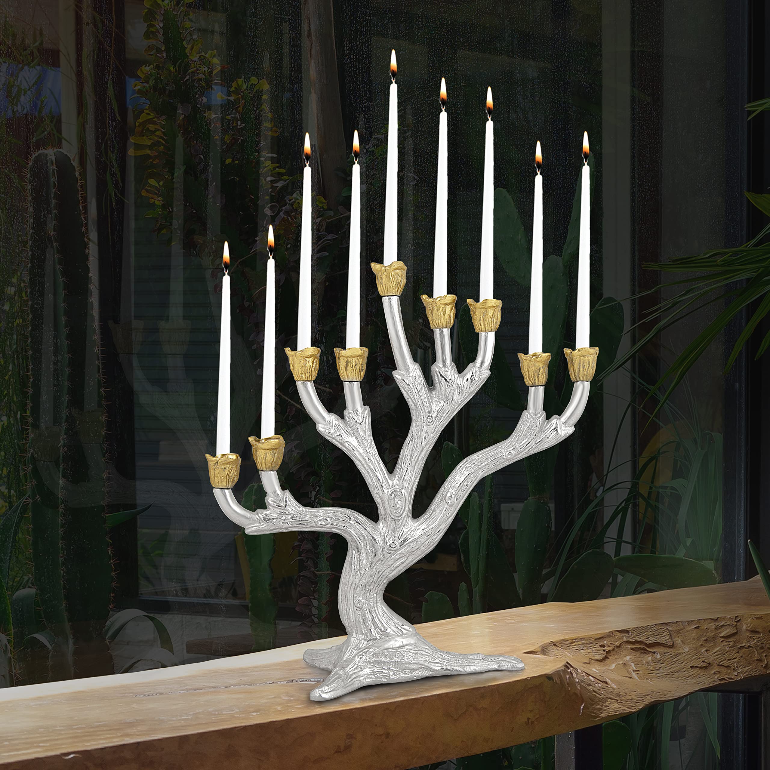 Exquisite Olive Tree Menorah - High Polish Nickel Plated with Brass Cups for Hanukkah | Elegant Jewish Holiday Decor for Home & Synagogue