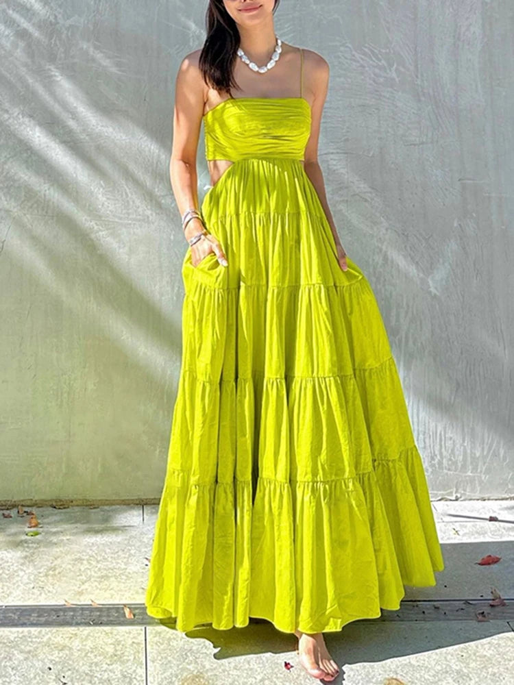 Sexy Backless Hollow Out Camisole Dress for Women - Square Neck Sleeveless High Waist Pleated Summer Dress | Perfect for Beach Vacations, Date Nights & Club Outings