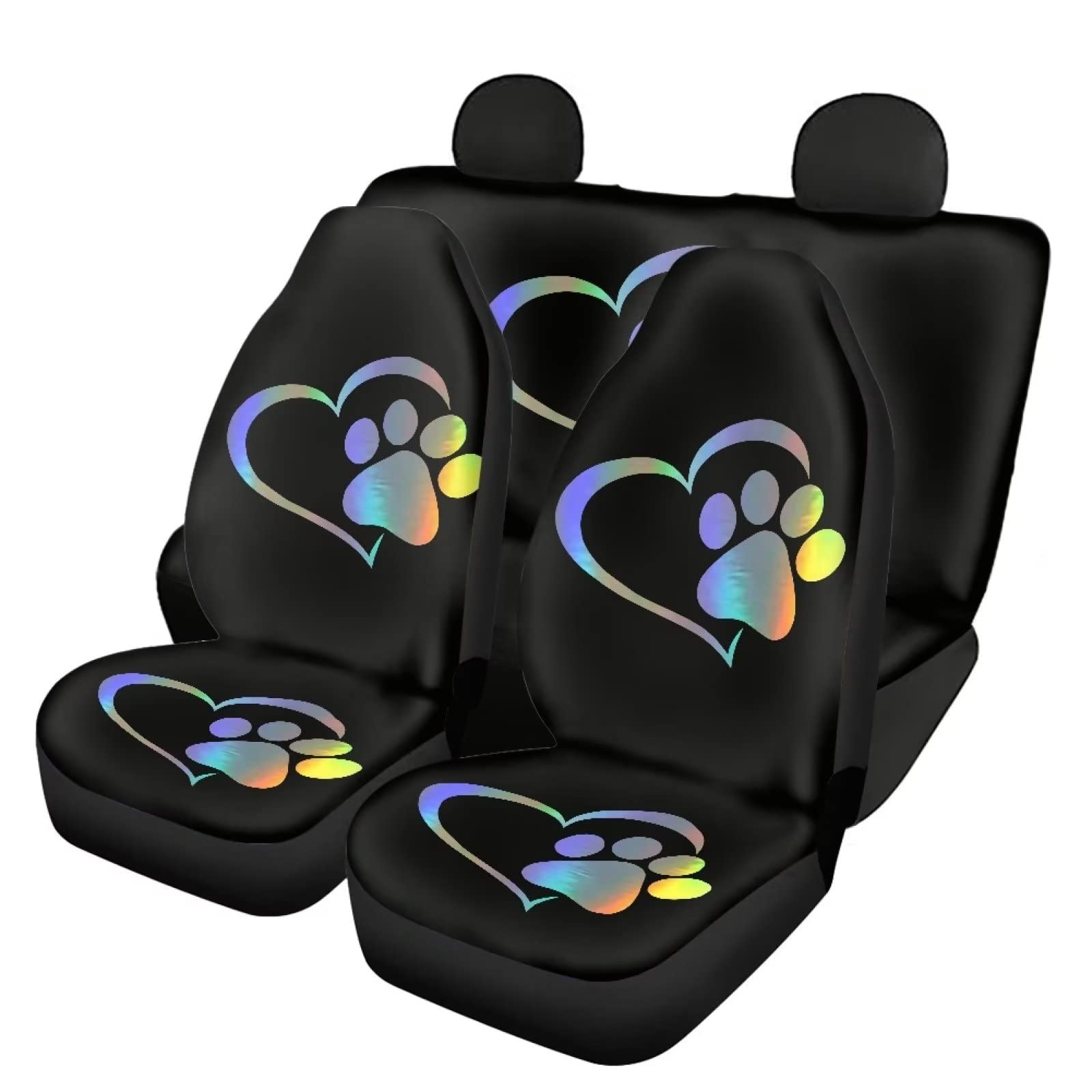 FKELYI Full Set Car Seat Covers for Front & Back Seats - Cute Dog Paws & Heart Pattern, Universal Fit Seat Protector, Black Saddle Blanket Style - Perfect for Pet Lovers & Car Interior Protection