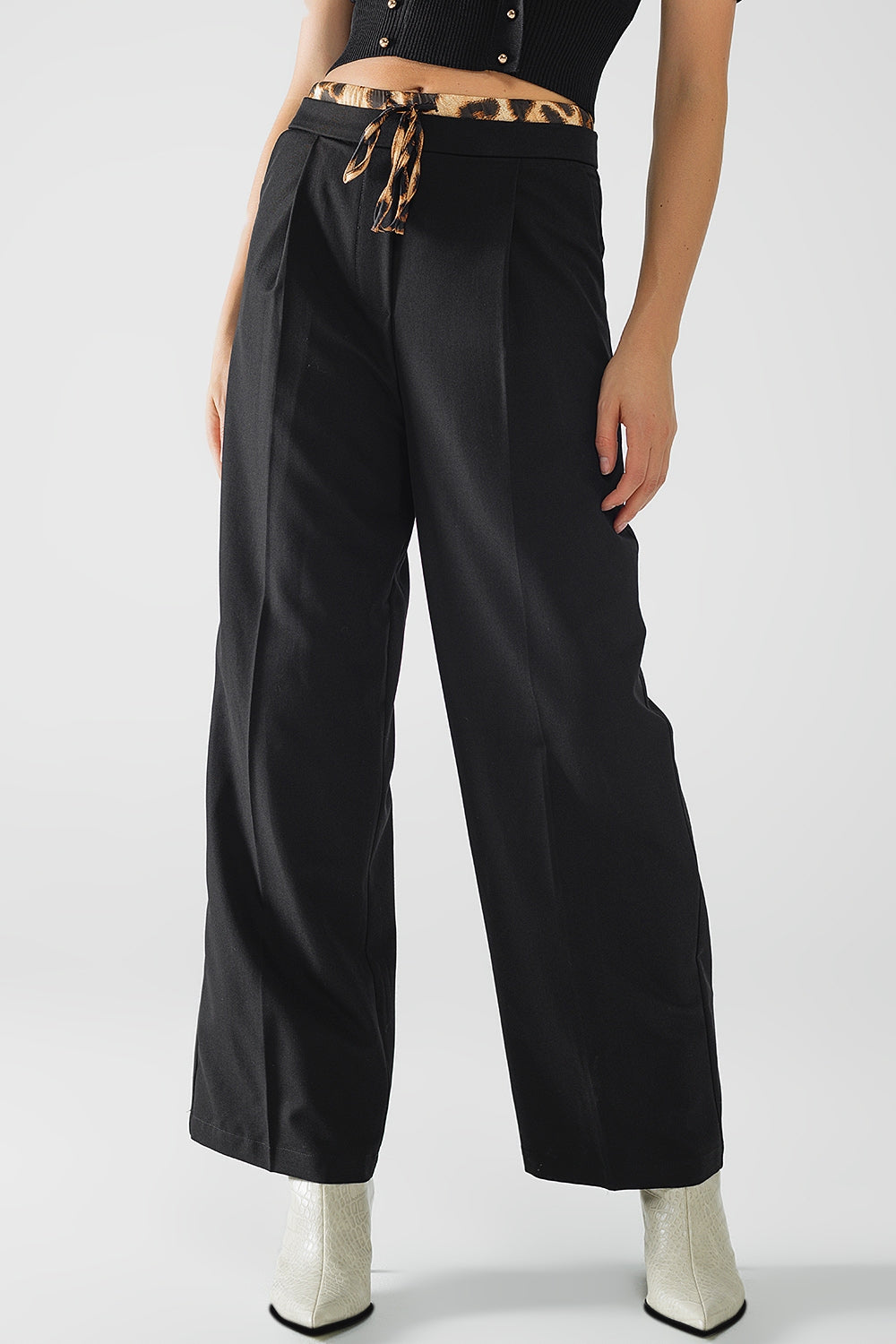 Black Pleated Long Pants with Leopard Waist Detail - Perfect for Office Wear, Casual Outfits & Evening Events