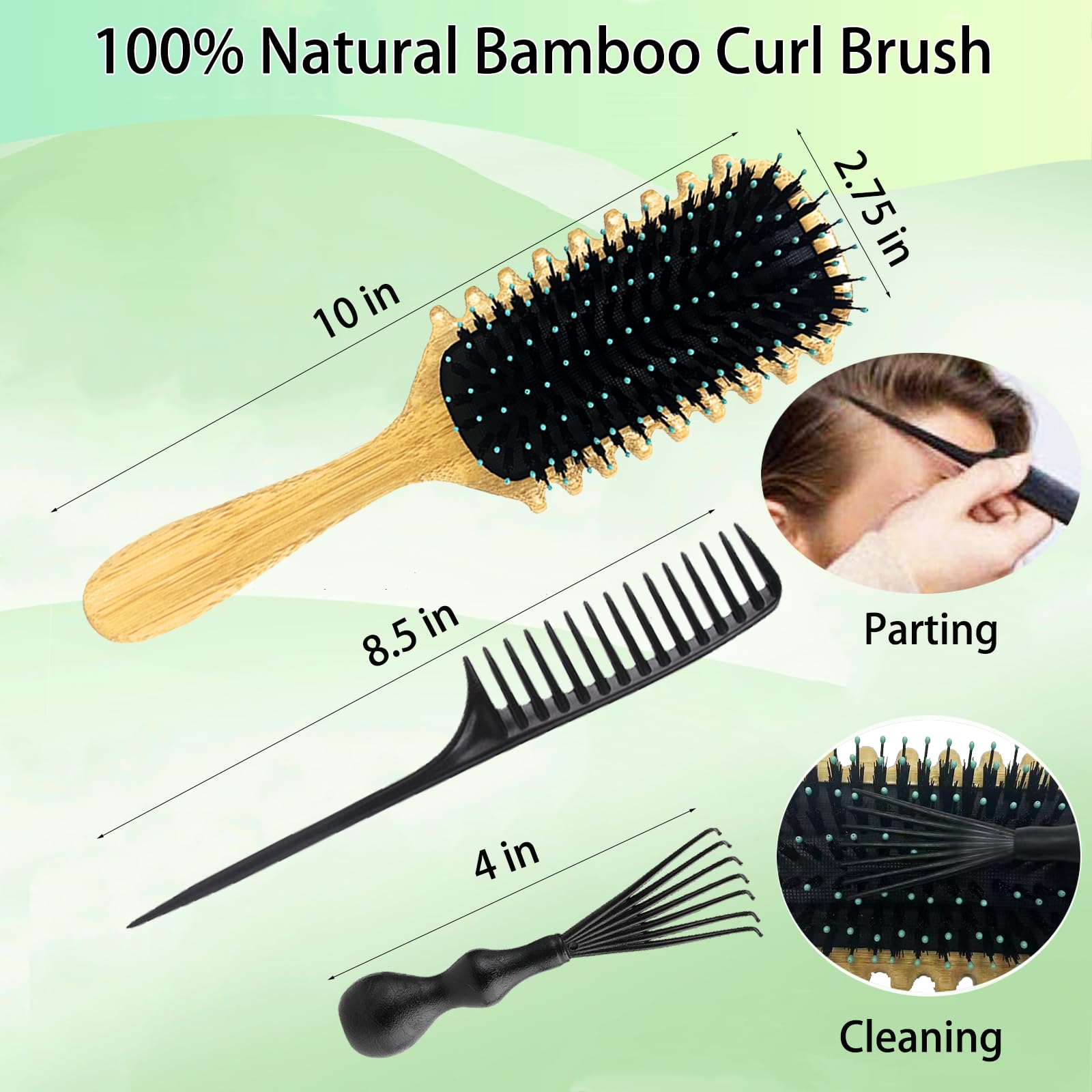 2 Pack Curly Hair Brush for Men & Women - Natural Bamboo Curl Defining Brush for Wet & Dry Hair - Detangling Comb for Curly Hair with Reduced Pulling - Perfect for Salon, Home & Travel Use (Bamboo)