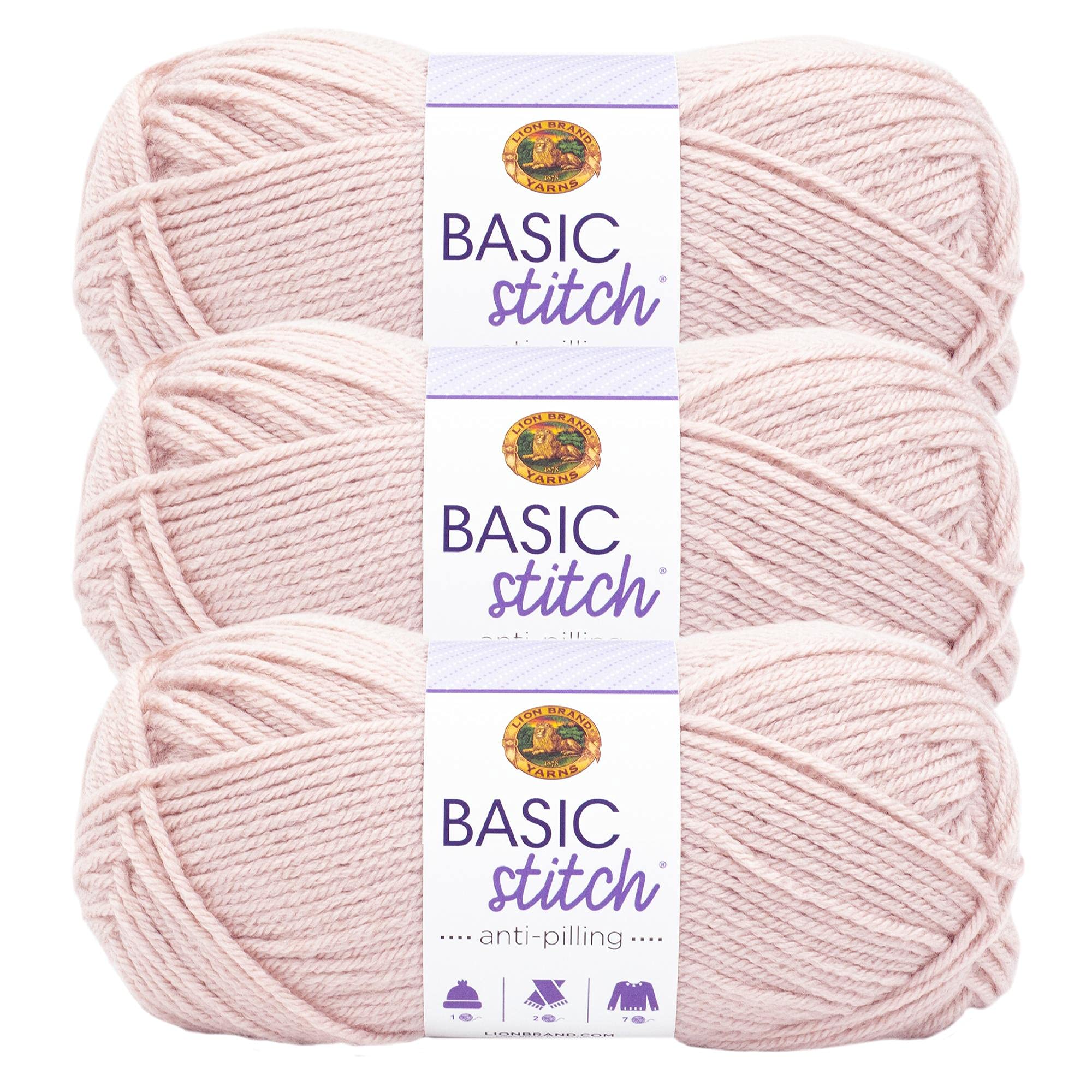 Lion Brand Yarn Basic Stitch Anti-Pilling Knitting & Crochet Yarn - 3-Pack, Blush Heather - Perfect for Scarves, Blankets & DIY Crafts