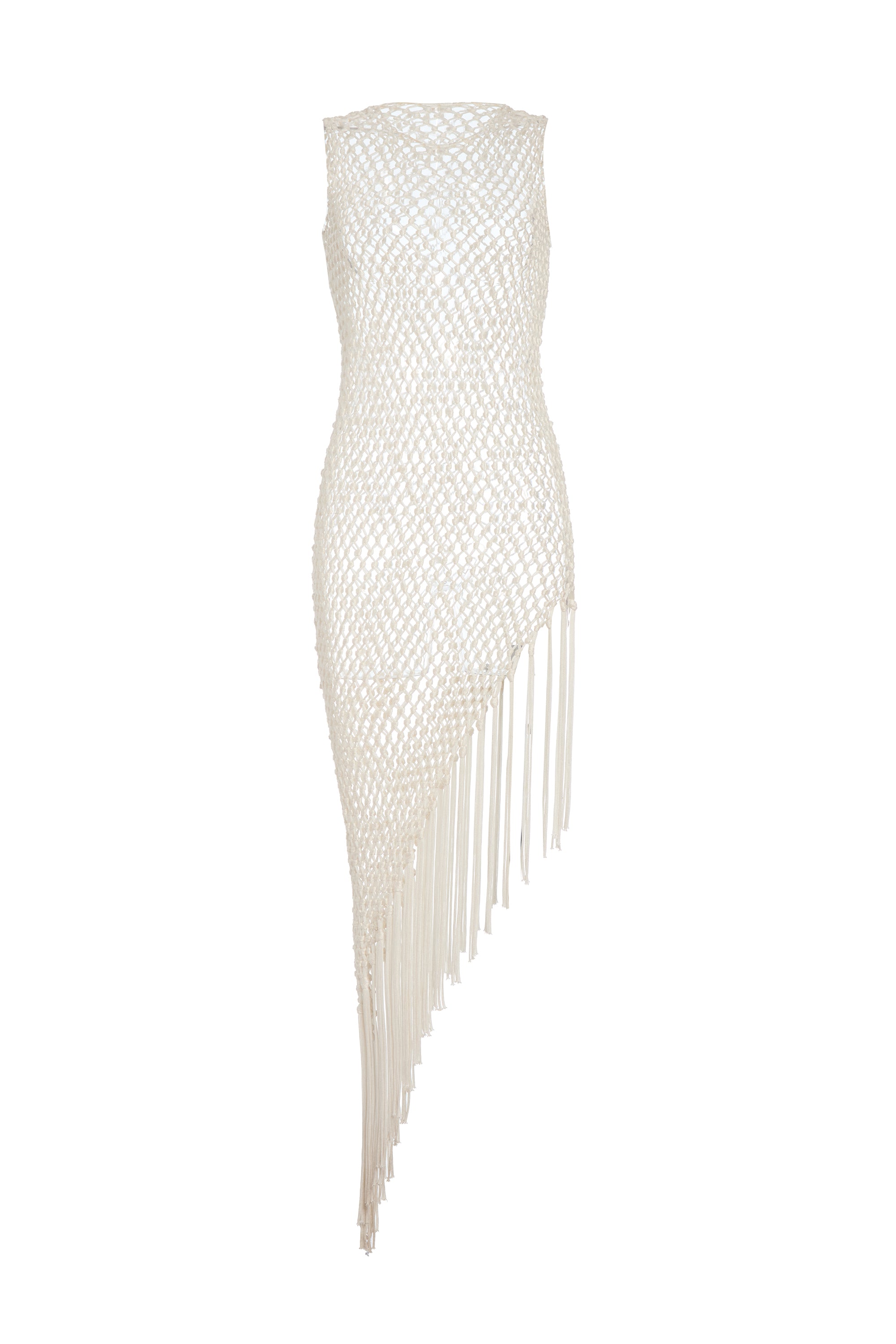 Nabia L Fringe Macrame Maxi Dress in Ivory Silk - Boho Chic Summer Beach Wedding Dress for Women