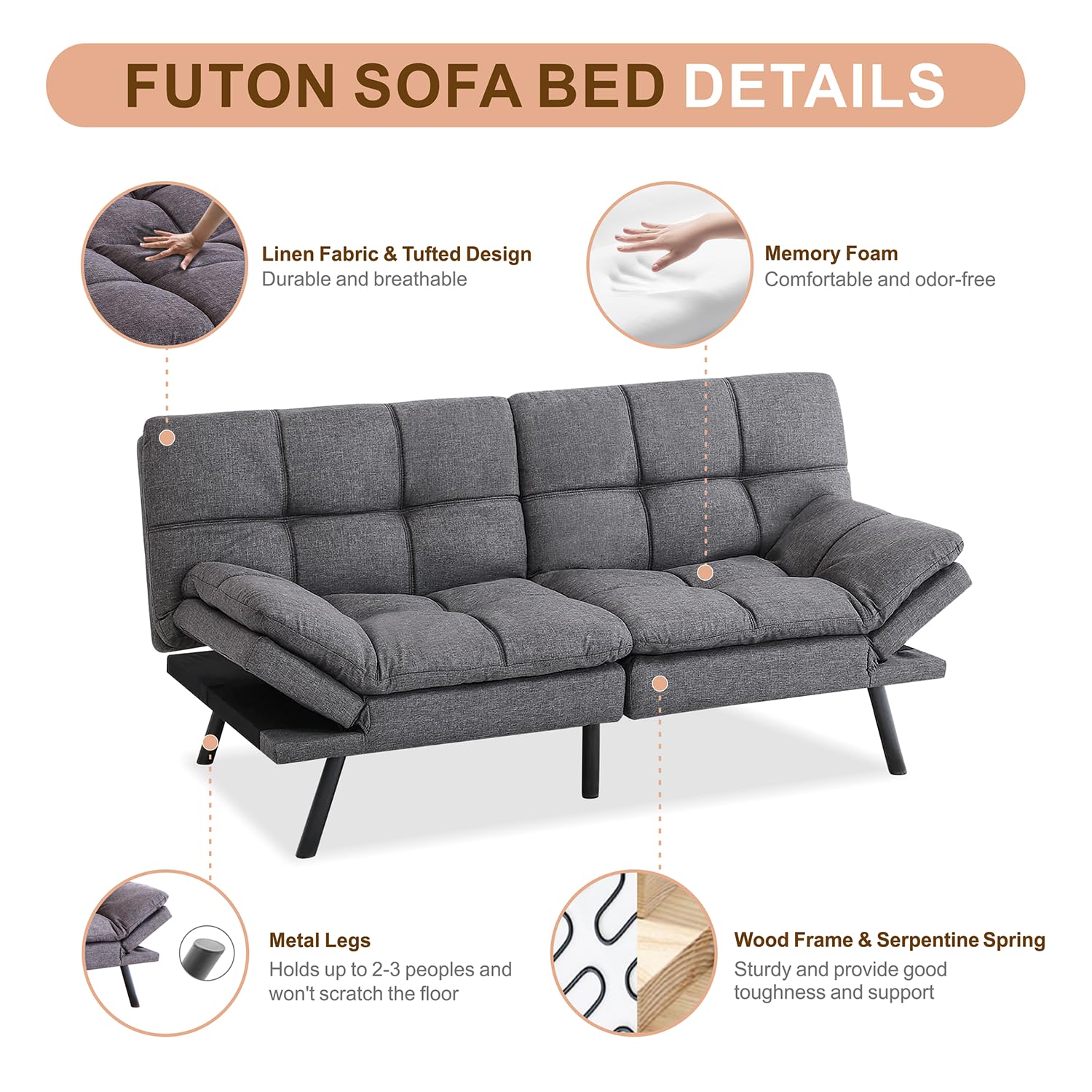 MUUEGM Convertible Futon Sofa Bed with Memory Foam - Modern Sleeper Loveseat for Small Spaces, Apartments & Living Rooms - Easy Assembly, Grey | Perfect for Guest Rooms, Studio Apartments & Cozy Lounging