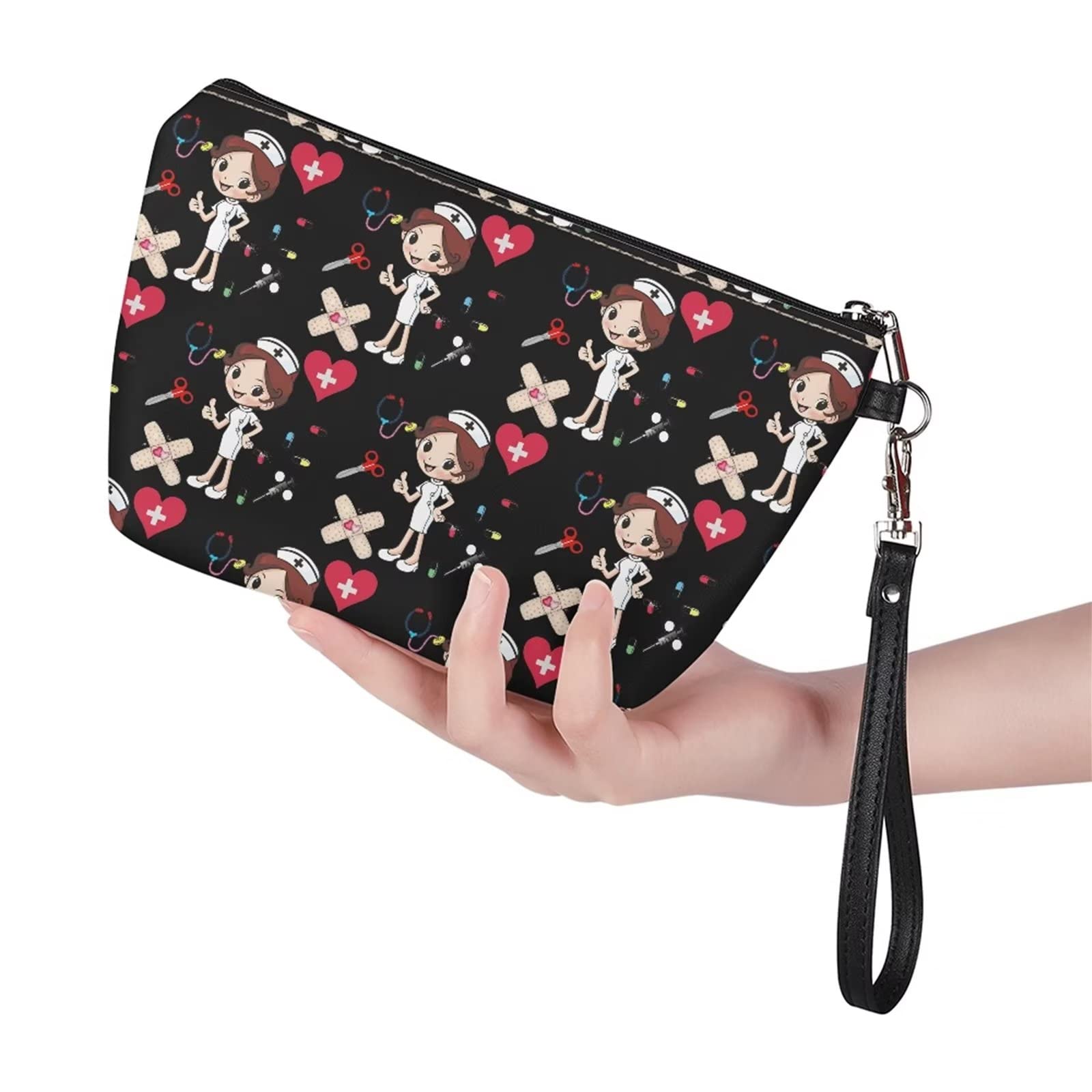 Cute Black Cartoon Nurse Makeup Wallet for Women - Travel & Daily Use