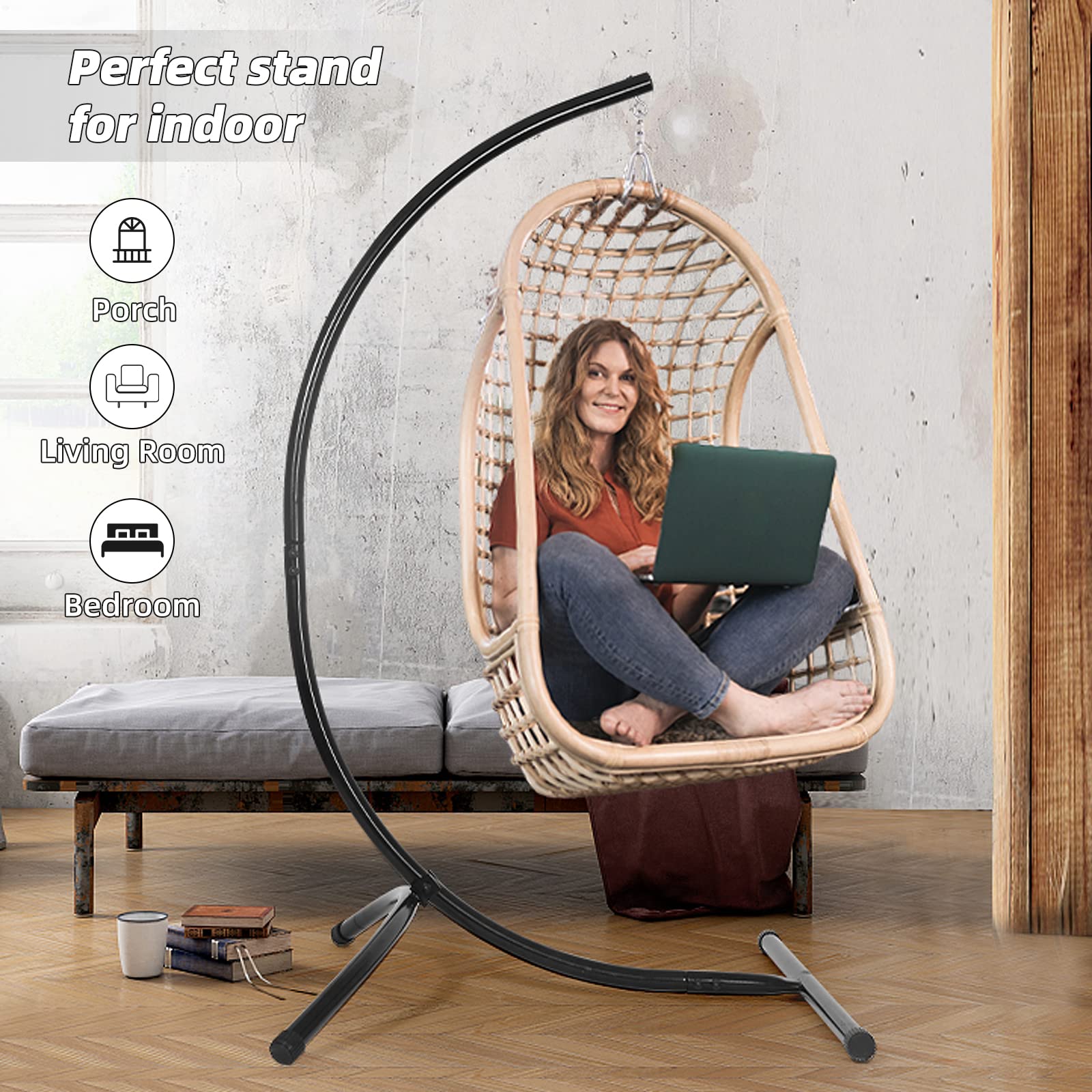 GOUTIME Hammock Chair Stand Only - Heavy Duty 350 LB Capacity Hanging Chair Stand Frame for Indoor & Outdoor Swing Egg Chairs - Perfect for Patio, Garden, Balcony & Backyard Relaxation