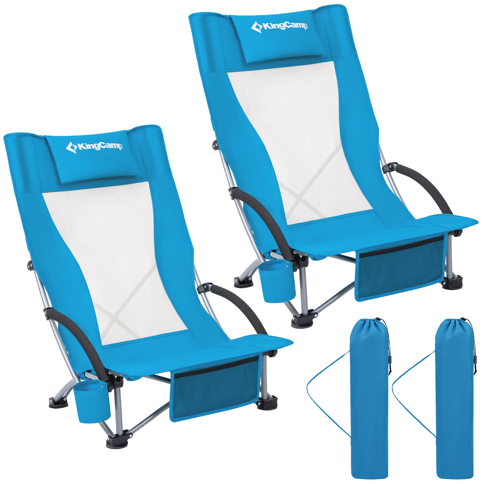 KingCamp KC1912 USVC2 Beach Cup Holder & Folding Camping Chair - Lightweight Portable Outdoor Chair with Padded Armrests for Adults - Perfect for Beach, Picnics, Camping, Travel & Backyard Parties - Extra Large Blue High Back (2-Pack)