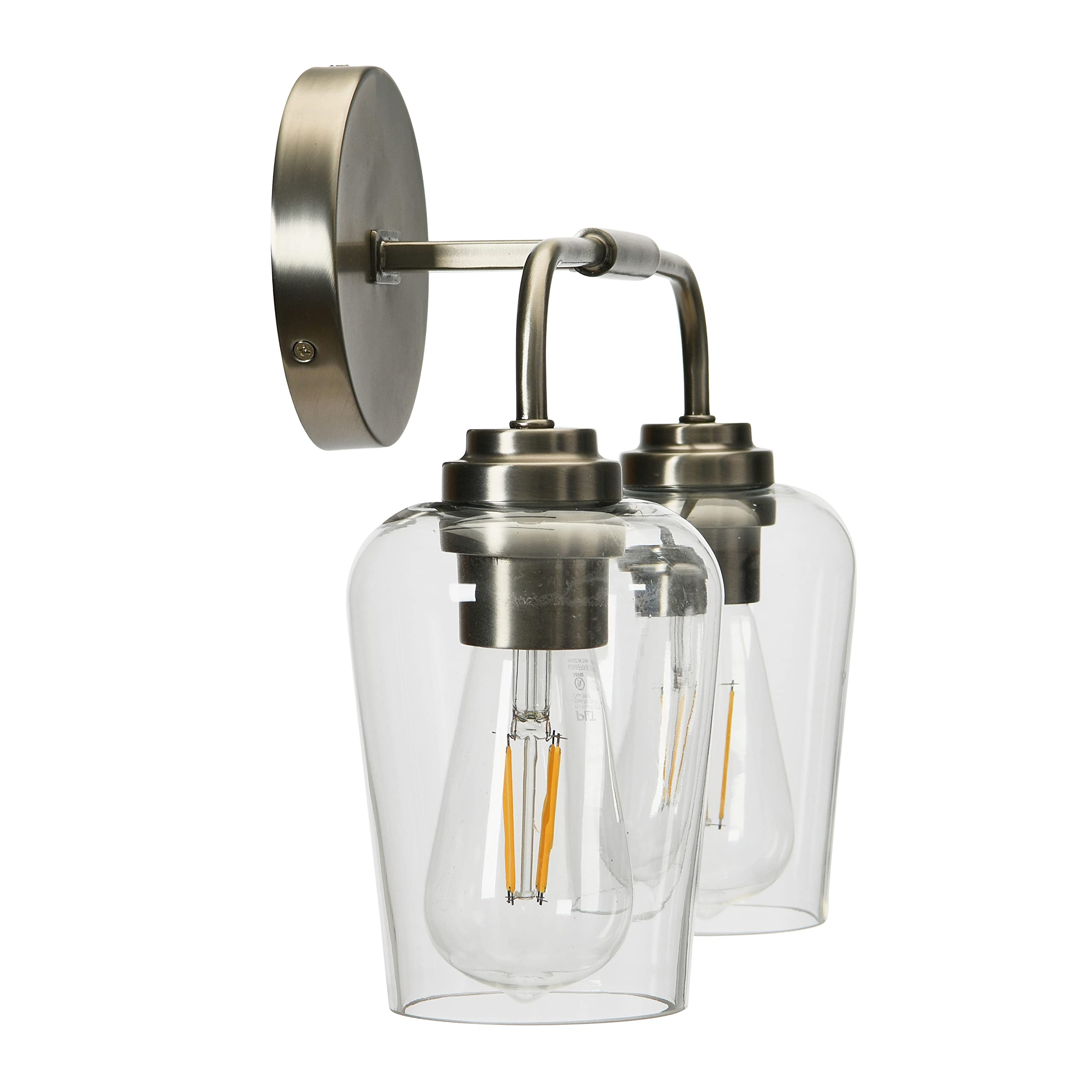 Holden 2-Light Vanity Light Fixture - Antique Nickel Finish Metal & Glass Bathroom Sconce for Mirror Lighting | Perfect for Bathroom, Powder Room & Dressing Area Makeup Lighting