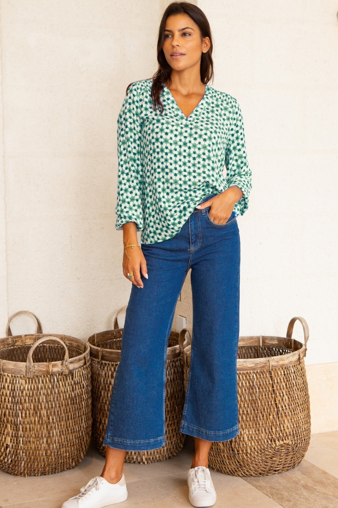 Clea Blouse | Maui Green & White Floral Print Women's Top | Perfect for Casual Wear, Office Outfits & Summer Vacations