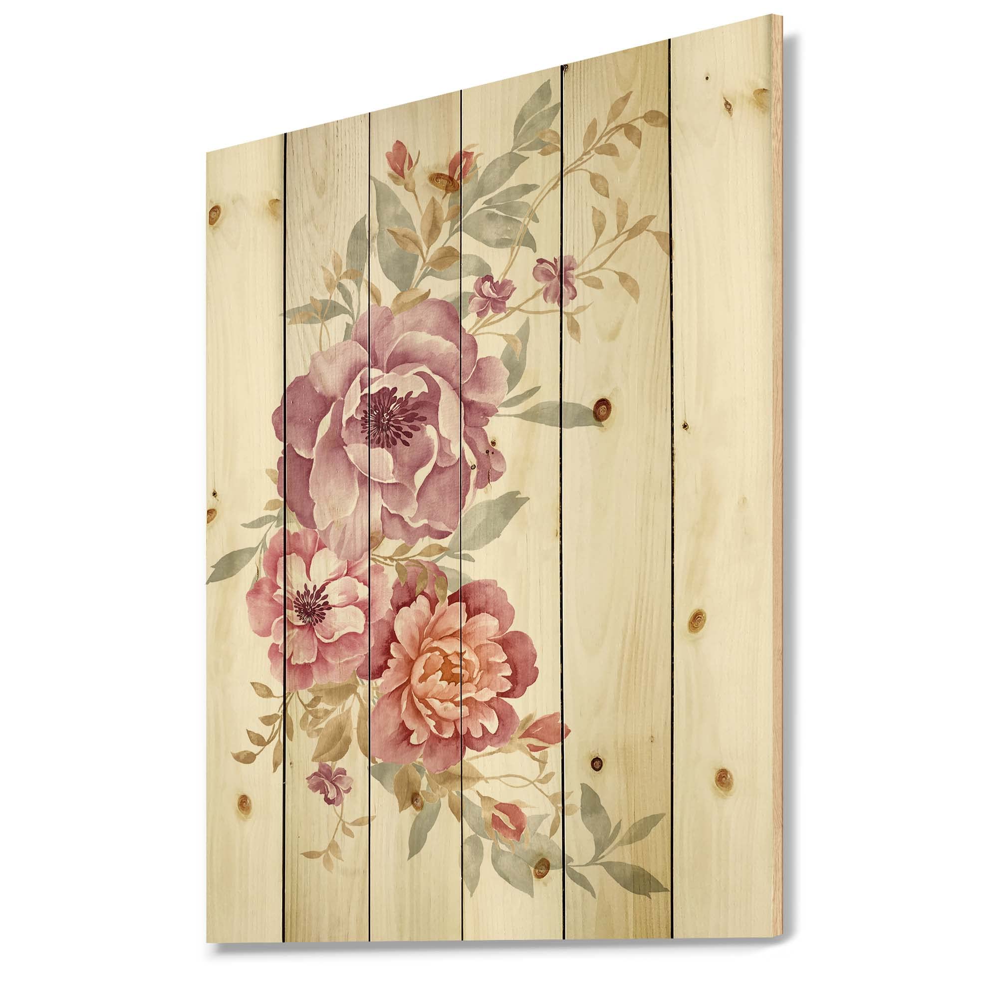 Farmhouse Floral Wall Decor - Pink and Purple Flower Bouquet Wood Wall Art, Large Pine Wood Panel for Living Room, Bedroom & Home Decor | Rustic Floral Print on Natural Wood