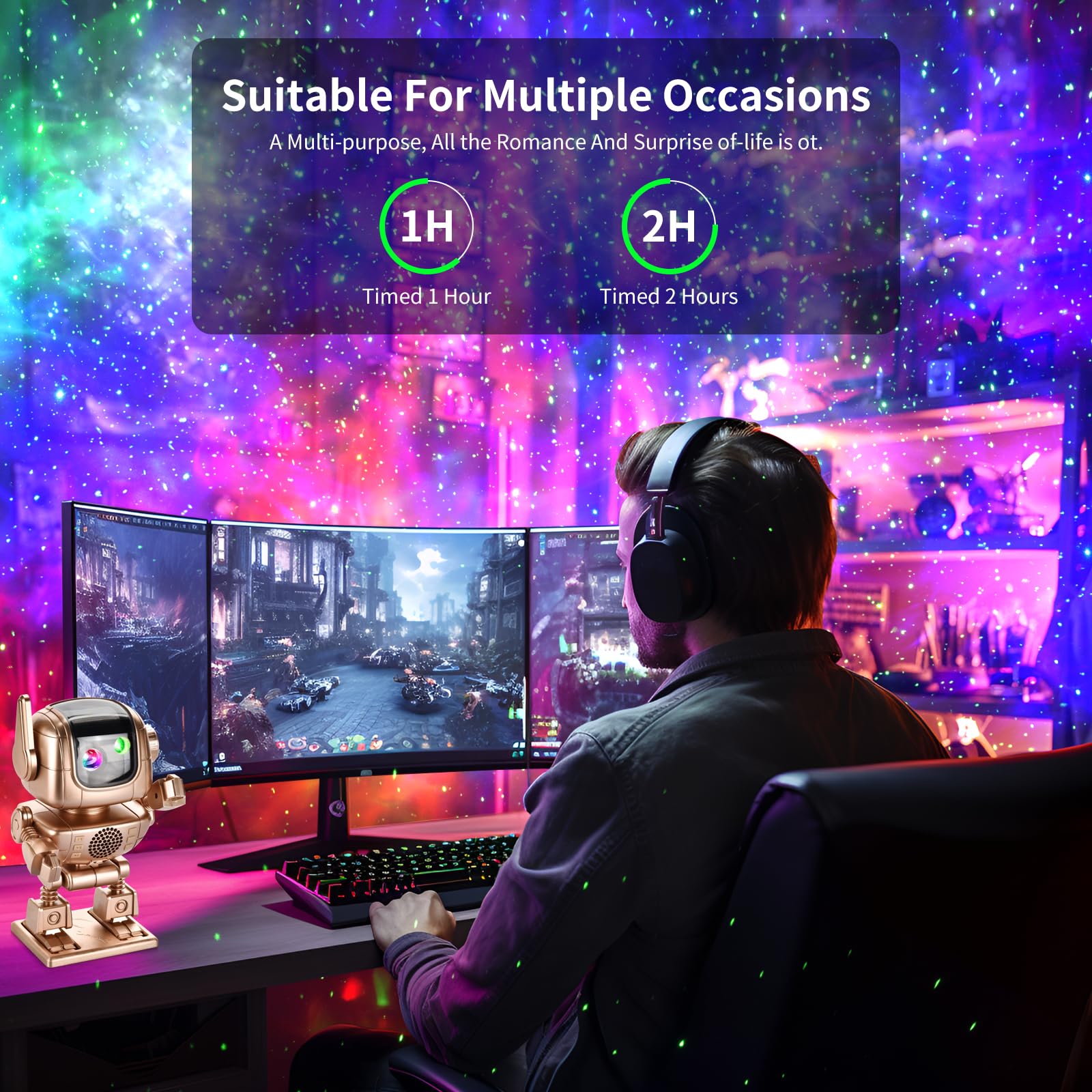 Galaxy Projector with Bluetooth Speaker & White Noise - Astronaut Star Projector LED Night Light, Adjustable 90° Rotation, Timer & Remote Control for Bedroom, Nursery, Christmas Decor & Relaxation
