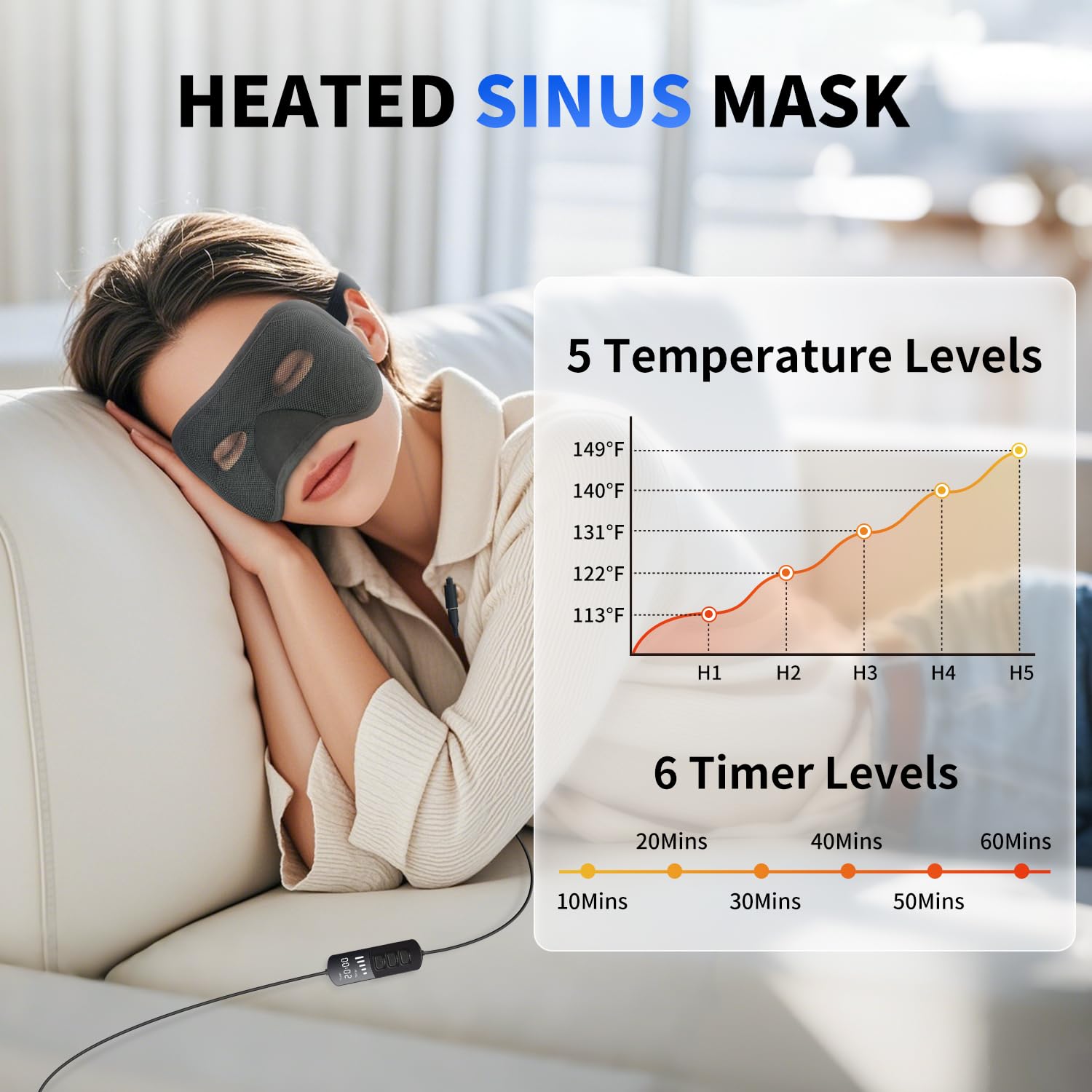 Aroma Season Heated Sinus Mask for Sinus Pressure Relief - Adjustable 5 Heat & 6 Timer Settings - Face Mask for Nasal Congestion, Sinusitis, Runny Nose - Perfect for Cold, Flu & Allergy Relief at Home or Travel