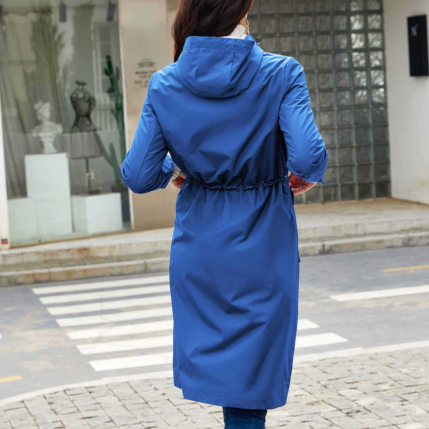 Women's Waterproof Hooded Rain Jacket - Long Midi Windbreaker with Full Zip & Pockets - Casual Outdoor Wear for Hiking, Commuting & Travel
