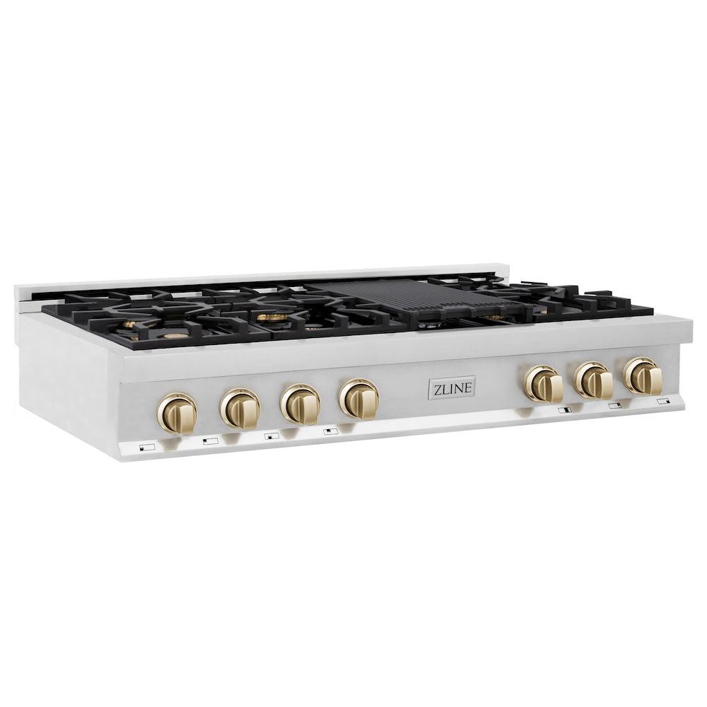 ZLINE RTZ 48 G 48-Inch Professional Gas Rangetop with 7 Burners - Stainless Steel with Polished Gold Accents - Commercial Style Porcelain Cooktop for Home Chefs & Gourmet Cooking - Perfect for Large Kitchens & Entertaining