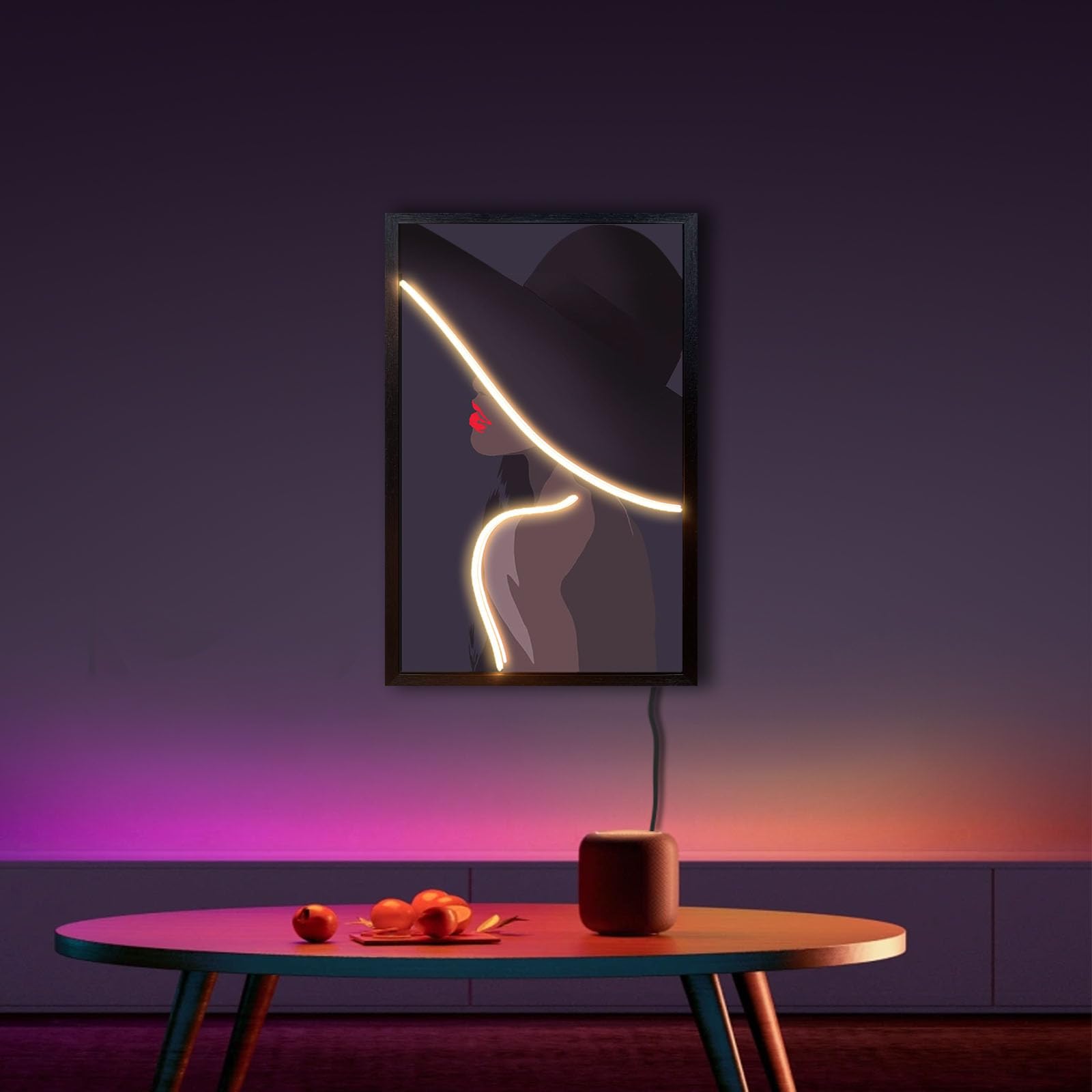 LushWhisper Neon Painting - Framed Wall Art for Living Room, Bedroom, Office & More | 24x16 Inch Modern Decor with Woman in Hat Design | Perfect for Home, Bar, Hotel, Cafe & Wedding Party