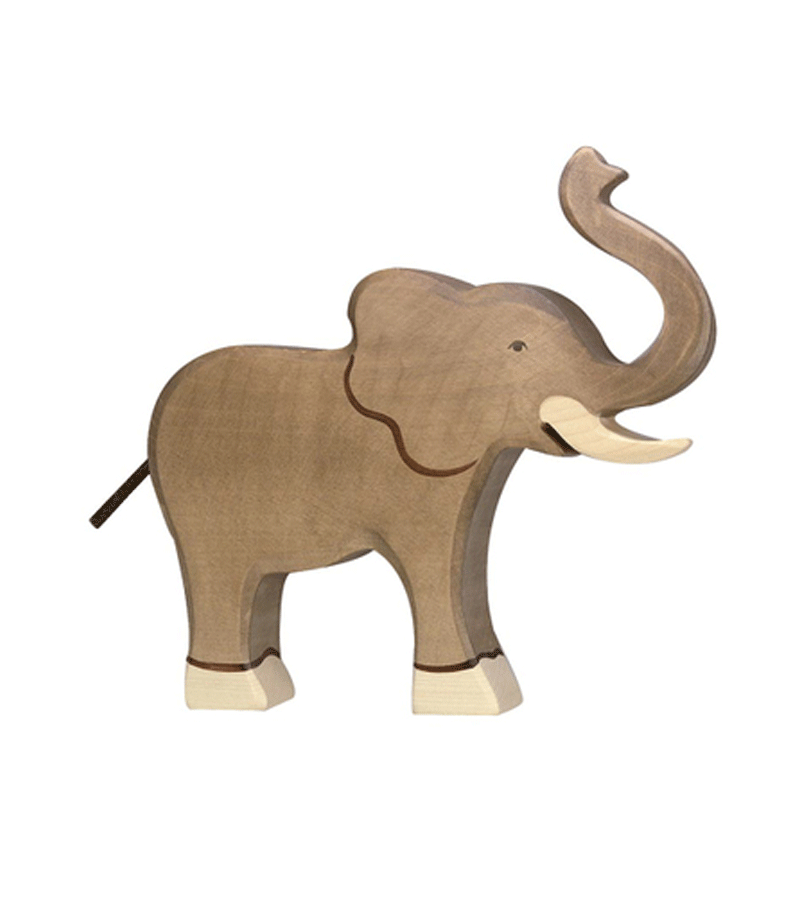 Handcrafted Holztiger Wooden Elephant Figurine with Raised Trunk - Eco-Friendly Kids Toy, Nursery Decor & Waldorf Gift for Baby Shower or Birthday