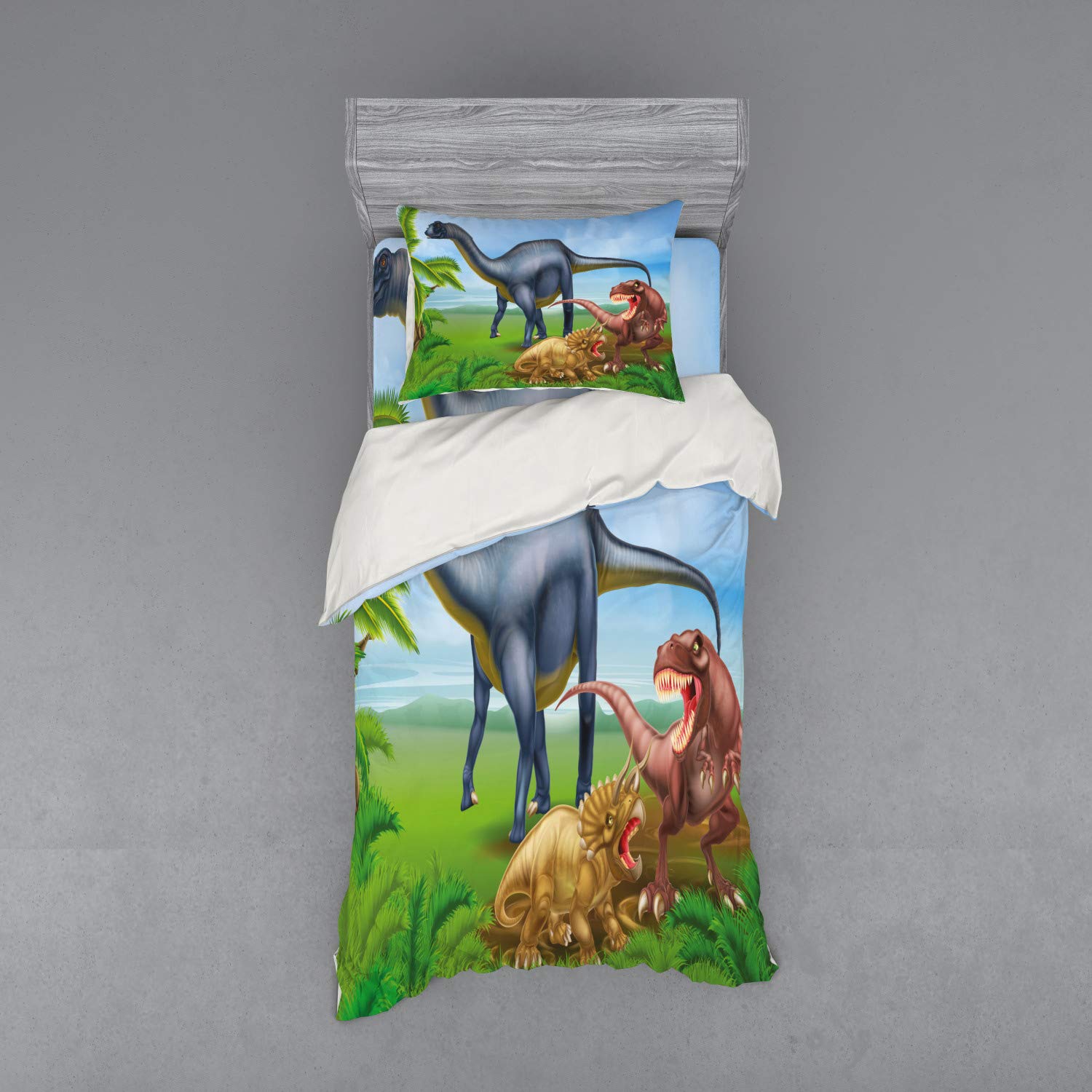Ambesonne Dinosaur Duvet Cover Set - 3 Piece Twin XL Bedding with Sham & Fitted Sheet, T-Rex Triceratops Cartoon Print in Jungle Theme, Colorful Kids Room Decor for Boys Girls Bedroom
