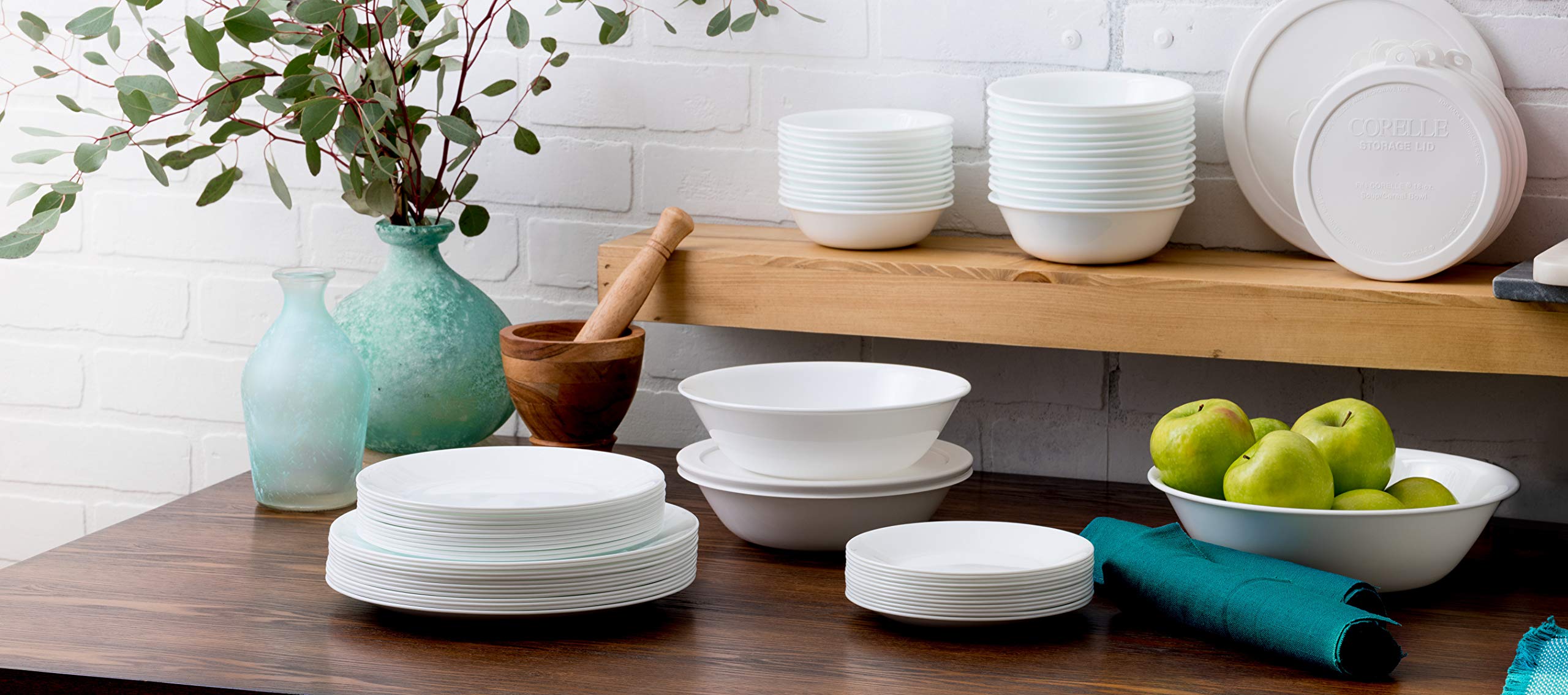 Corelle Vitrelle 78-Piece Dinnerware Set for 12 - Triple Layer Glass, Chip Resistant, Lightweight Round Plates & Bowls in Winter Frost White - Perfect for Family Dinners, Entertaining Guests & Everyday Use