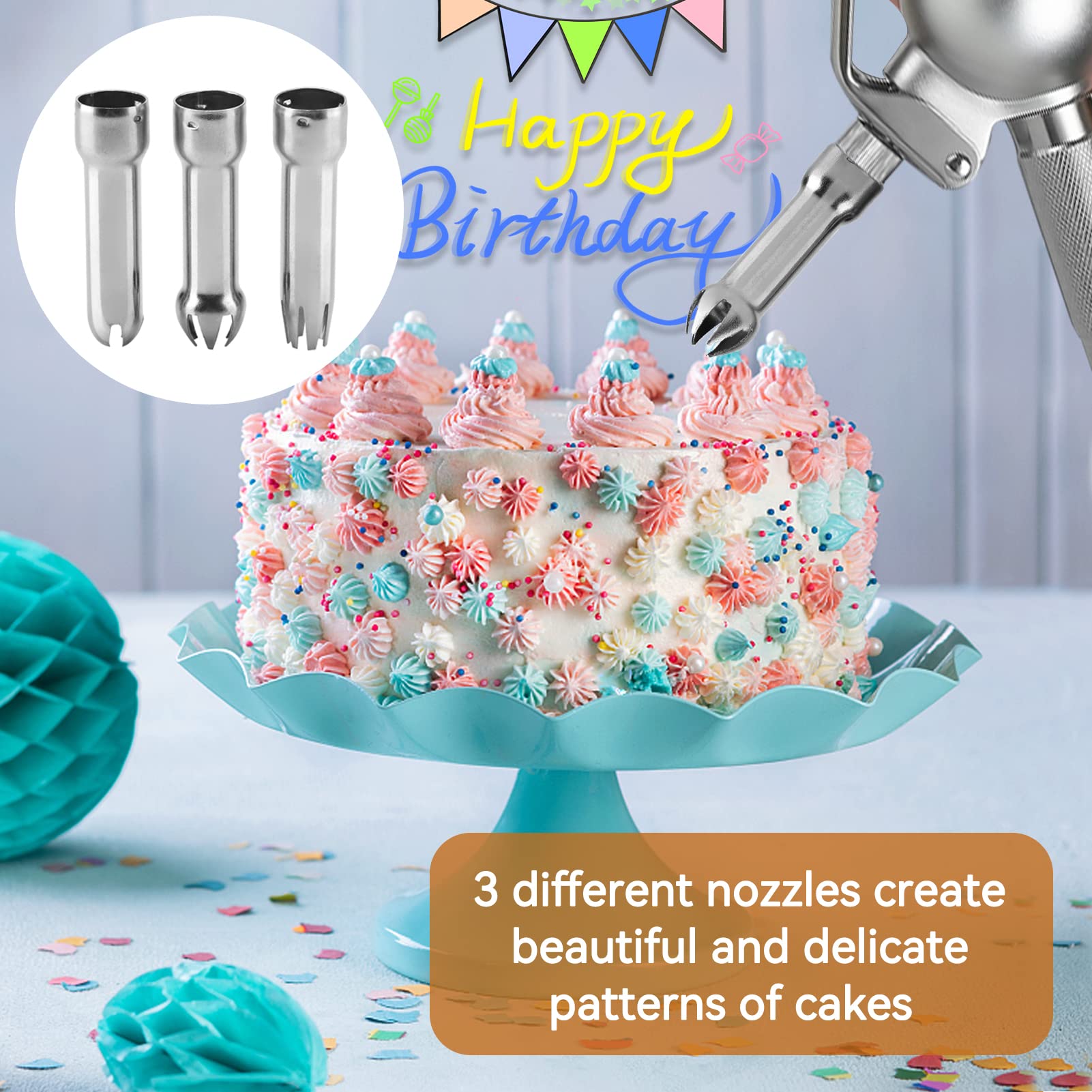 Stainless Steel Whipped Cream Dispenser Tips - 3pcs Cake Decorating Nozzles for Dessert & Pastry Decorating - Durable Whipper Nozzle Replacement Parts for Professional Baking, Home Kitchen, and Party Dessert Making