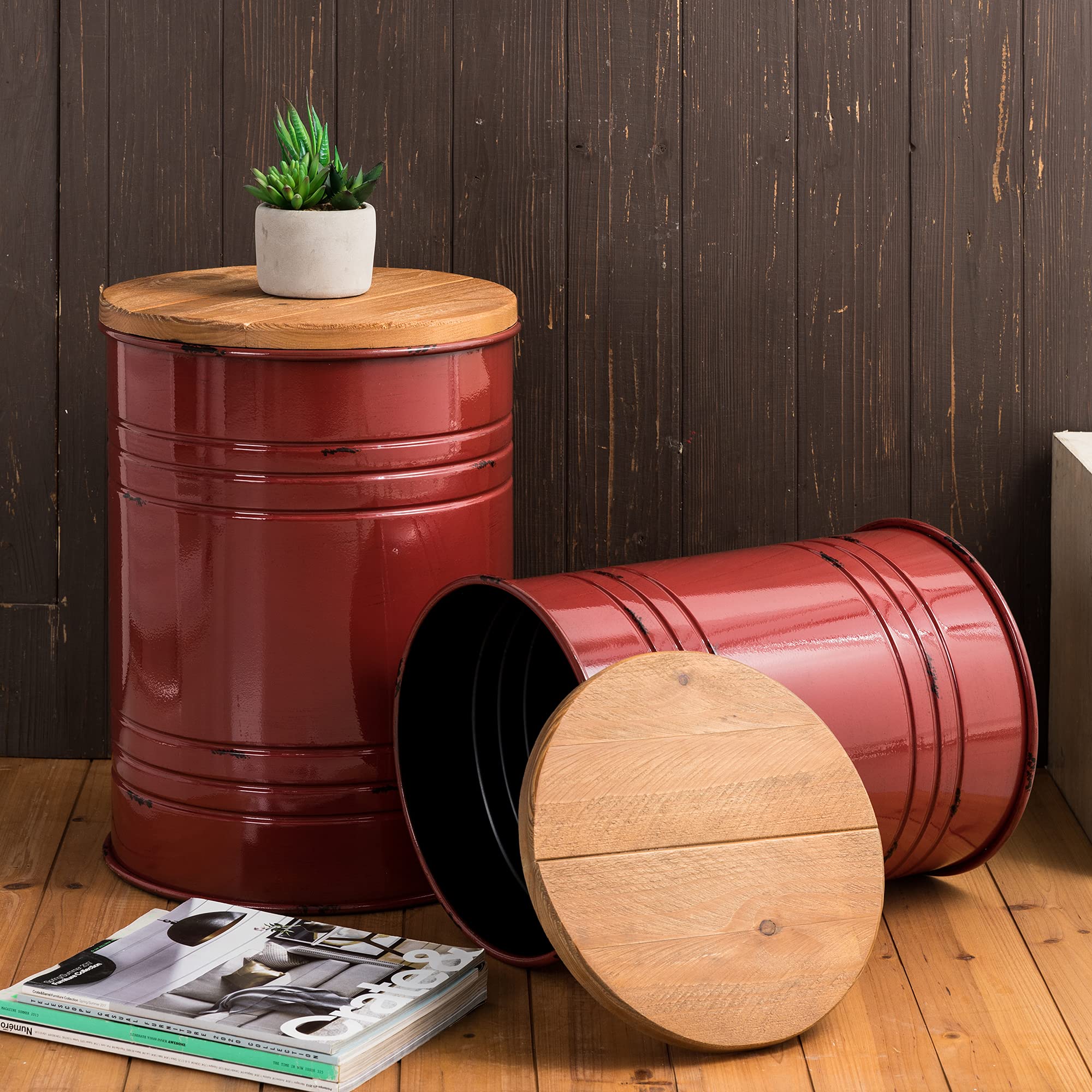 Glitzhome 2-Piece Farmhouse Nesting Tables with Storage Lids - Rustic Metal Barrel Side Tables for Living Room, Bedroom, Office - Red | Perfect for Small Space Decor & Extra Storage