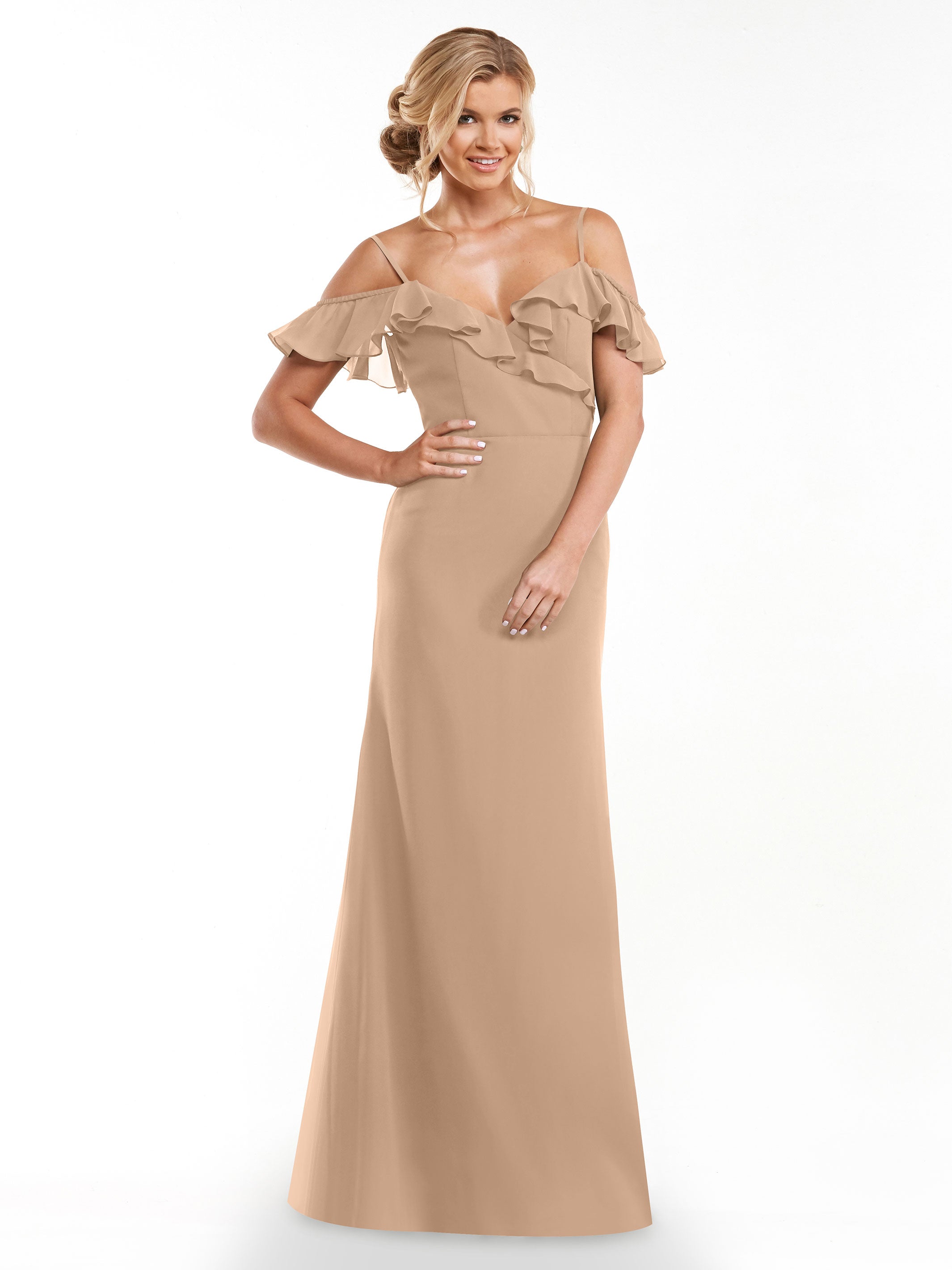 Elegant 80172 Chiffon Off-The-Shoulder A-Line Bridesmaid Dress with Ruffled Neckline - Perfect for Weddings, Formal Events & Evening Parties