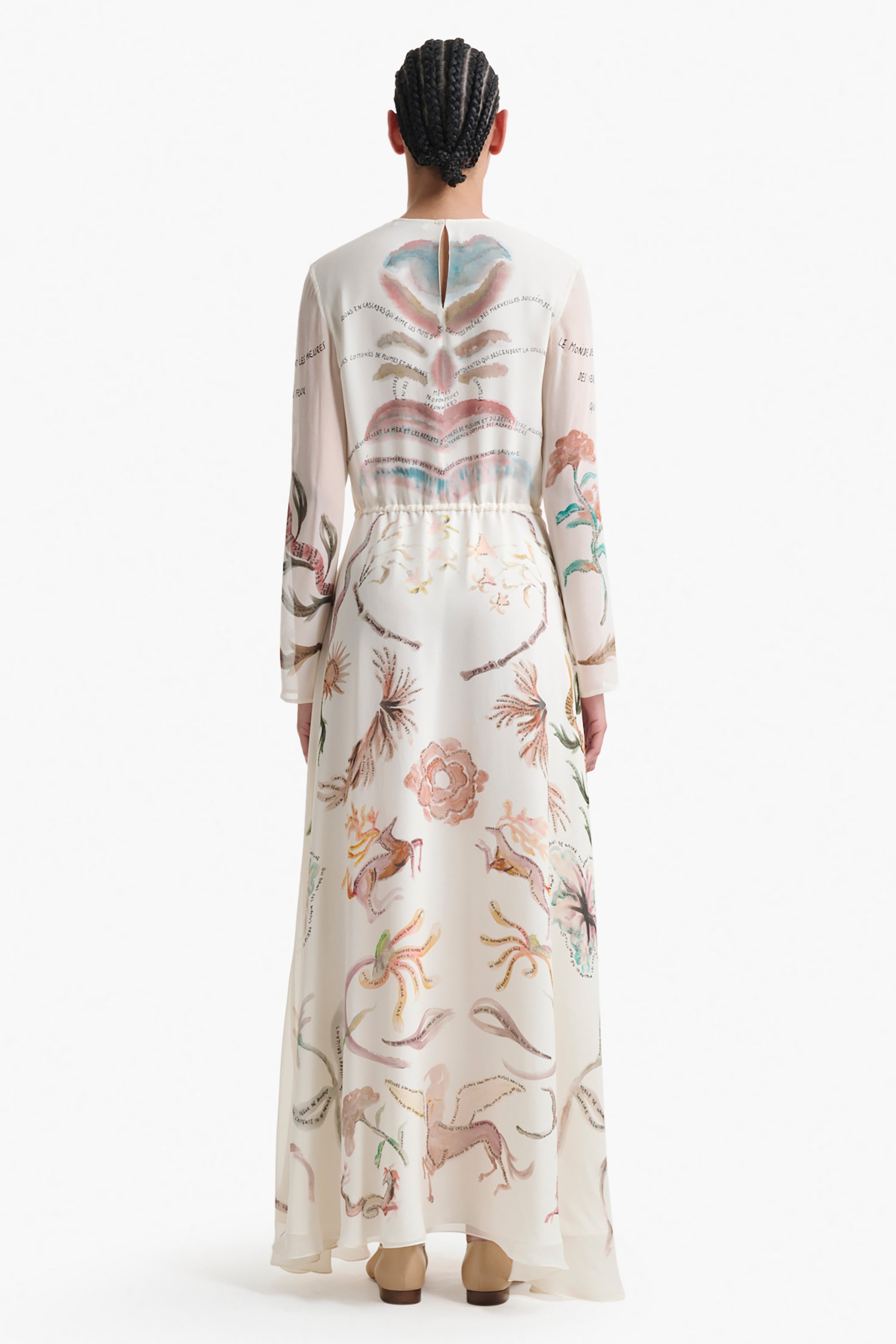 Sybbeline Ivory Figurative Tattoo Print Dress - Elegant Flowy Midi Dress for Women | Perfect for Weddings, Parties & Date Nights