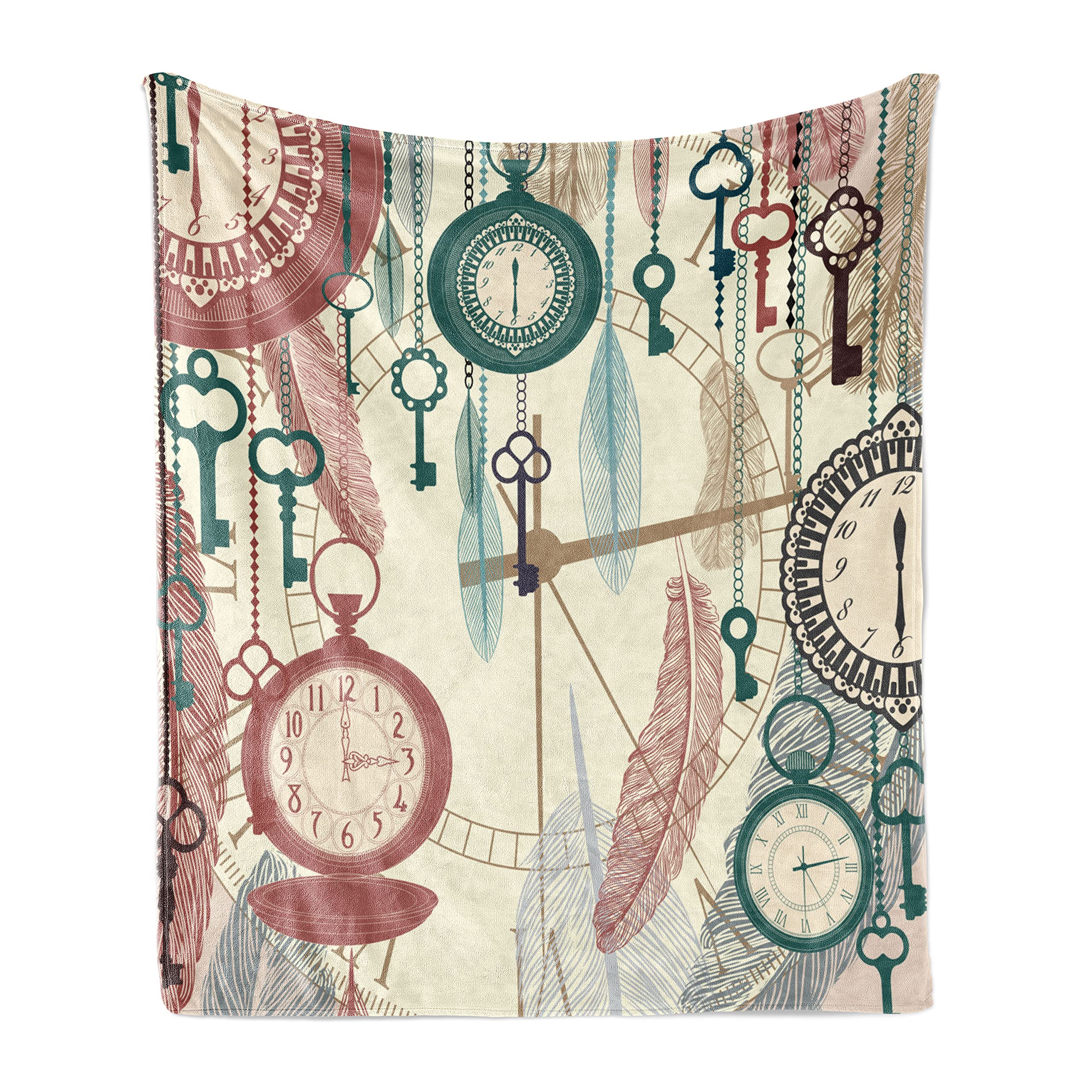 Ambesonne Vintage Throw Blanket - Traditional Pocket Watch with Feather & Old Key Design, Soft Flannel Fleece Accent Blanket for Couch, Sofa & Bed (50x70 Inches, Multicolor) - Perfect for Home Decor, Cozy Evenings & Gift Giving