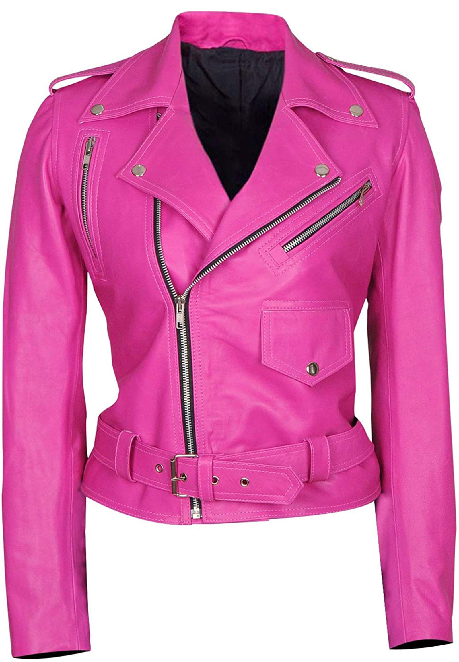 Women's Hot Pink Short Leather Motorcycle Jacket - Stylish Biker Jacket for Ladies, Perfect for Riding, Casual Outfits & Night Out