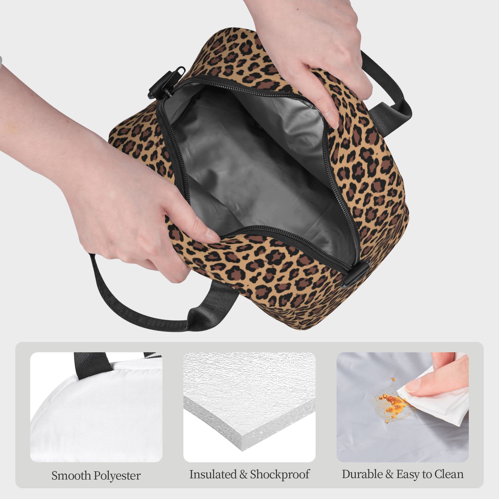 Leopard Print Insulated Lunch Bag - Reusable Cheetah Lunch Box for Kids & Adults, Leopard Cooler Tote with Shoulder Strap for School, Office, Picnic, Travel & Outdoor Activities