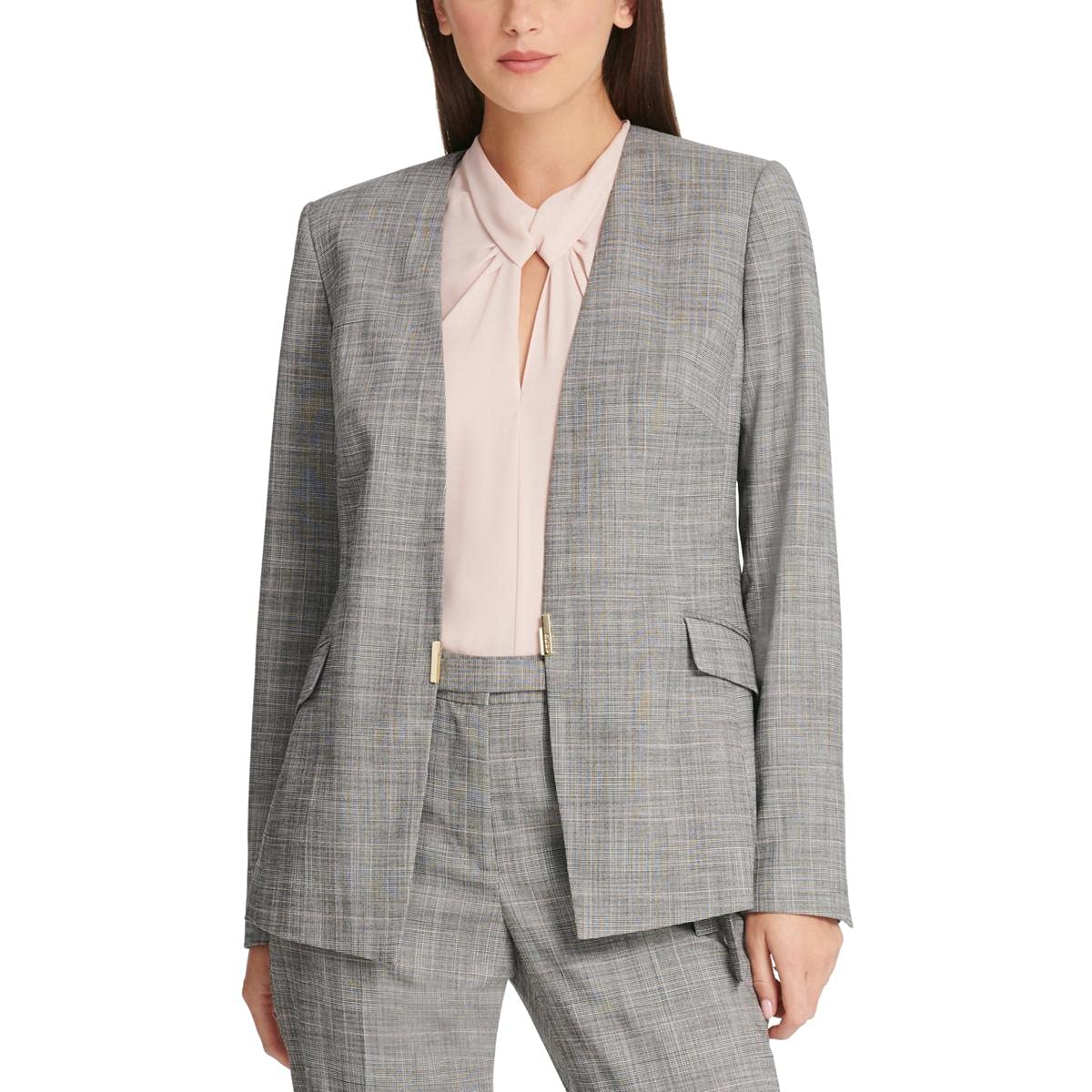 DKNY Women's Plaid Collarless Blazer Jacket for Office & Business - Professional Workwear for Women, Perfect for Business Meetings, Office Wear & Formal Occasions