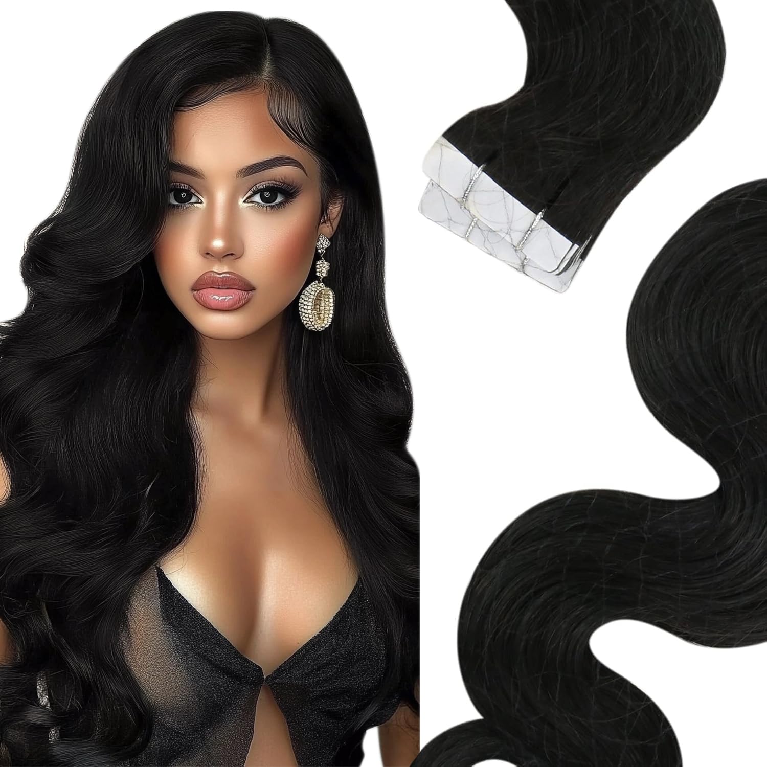 Sunny Tape in Hair Extensions 50G - 100% Human Hair Body Wave Extensions for Black Women (14 Inch) - Perfect for Daily Wear, Parties & Special Occasions