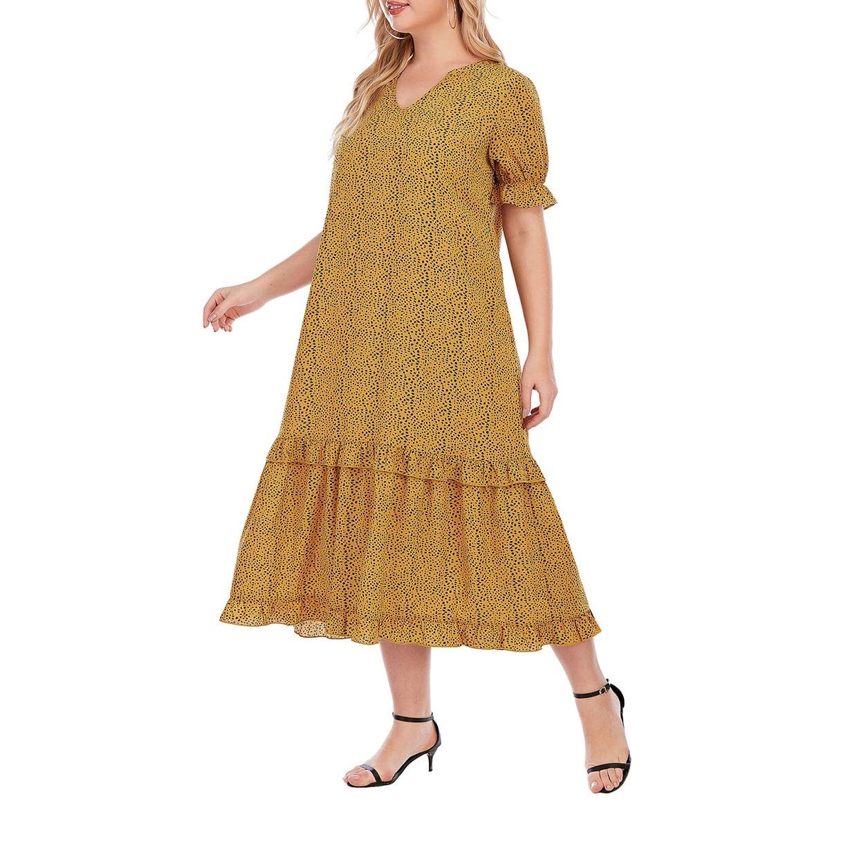 Stylish Women's Plus Size Casual Printed Summer Long Dress - Short Sleeve Loose Fit Beach Resort Dress in Yellow (XXL) - Perfect for Vacation, Poolside Lounging & Summer Outings