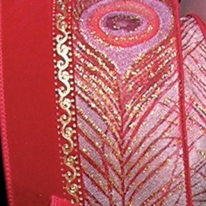 Sheer Red and Gold Wired Velvet Peacock Print Craft Ribbon - 2.5