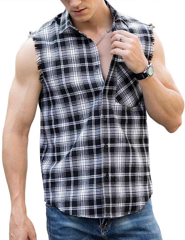 LOGEEYAR Men's Sleeveless Plaid Flannel Button Down Shirt - Casual Vest for Outdoor Activities, Summer Wear & Layering